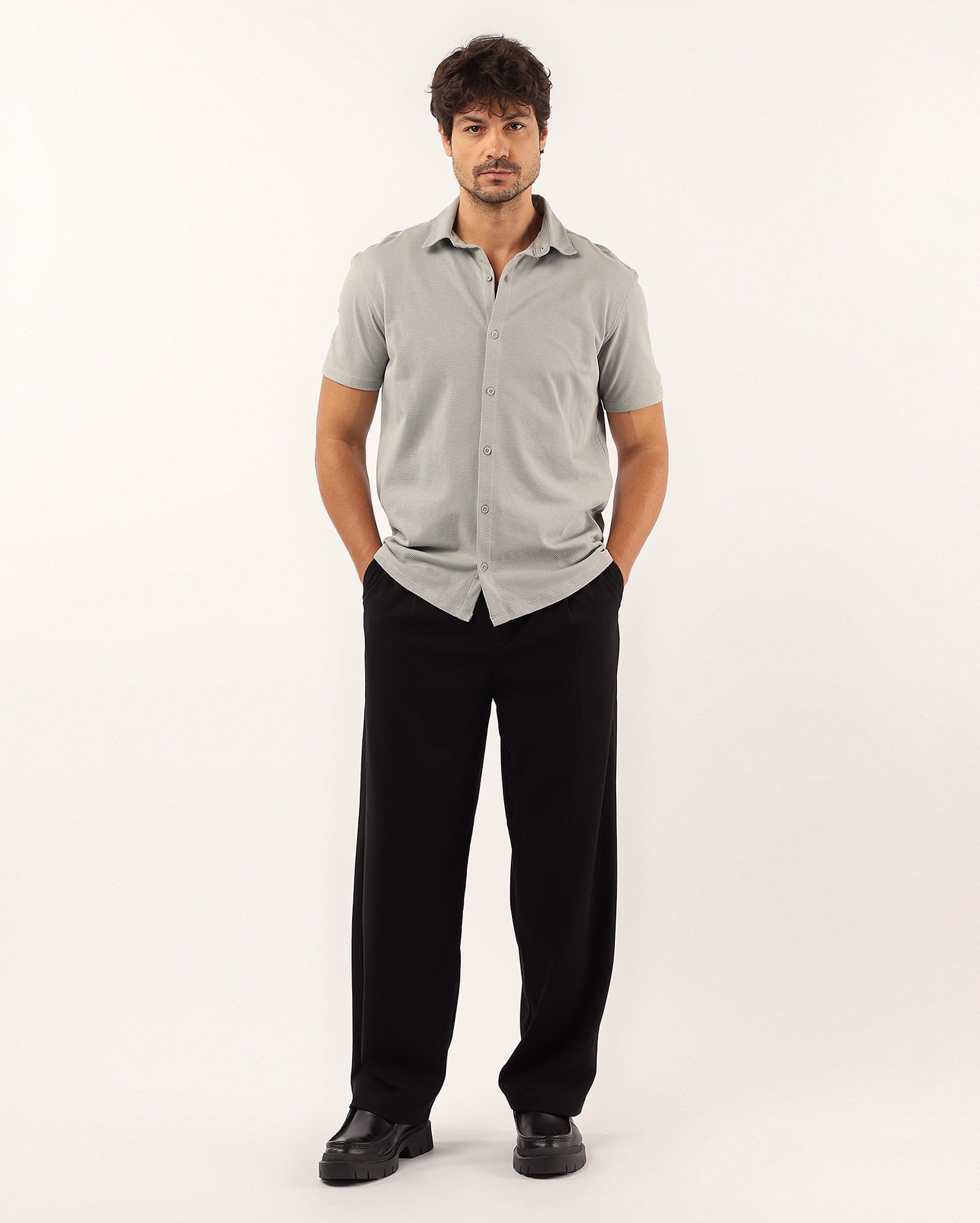Camisa polo masculina manga curta algodão texturizado cinza