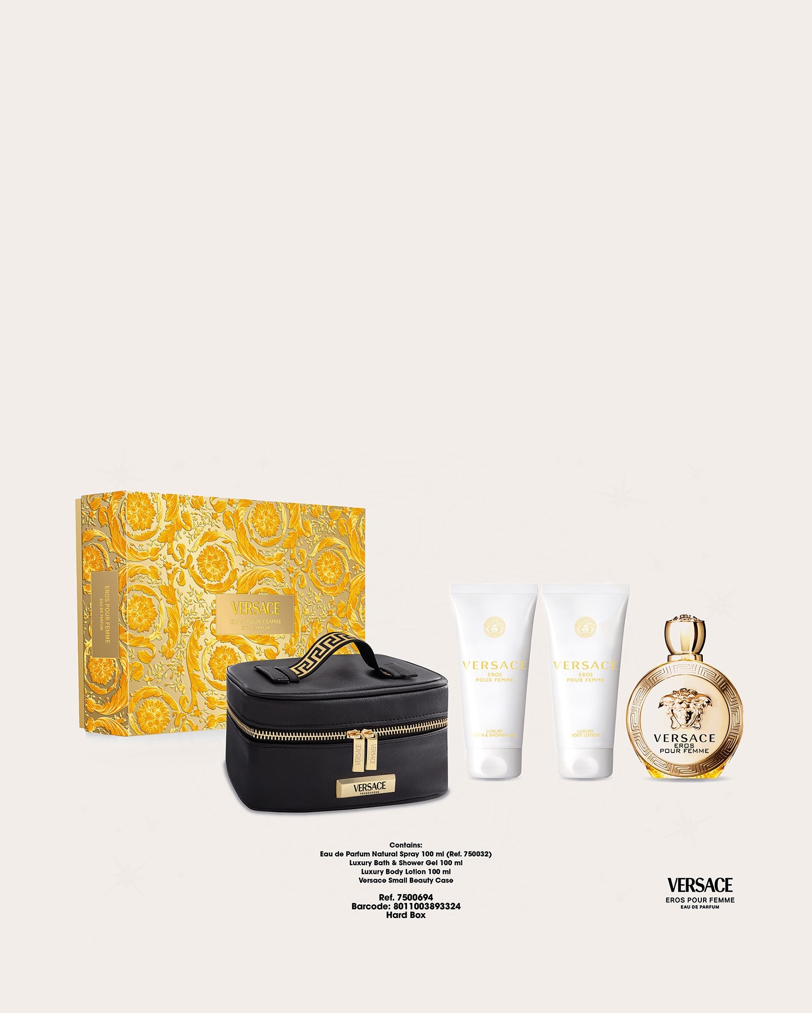 Kit perfume feminino Eros Pour Femme EDT 100ml + hidratante 100ml + gel de banho 100ml + necessaire | Versace