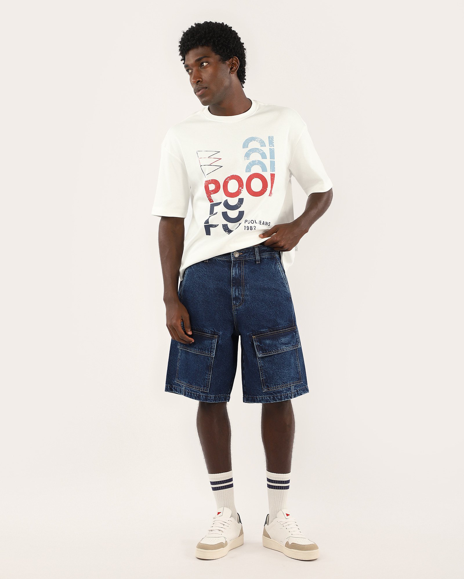 Bermuda jeans masculina wide leg cargo denim escuro | Pool Jeans