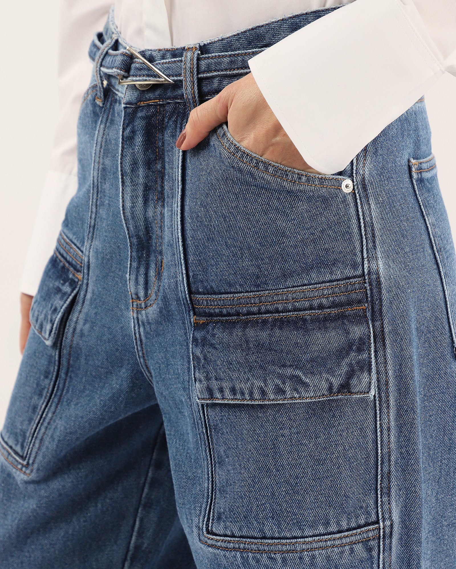 Calça jeans feminina wide slim com cinto denim médio | Pool Jeans