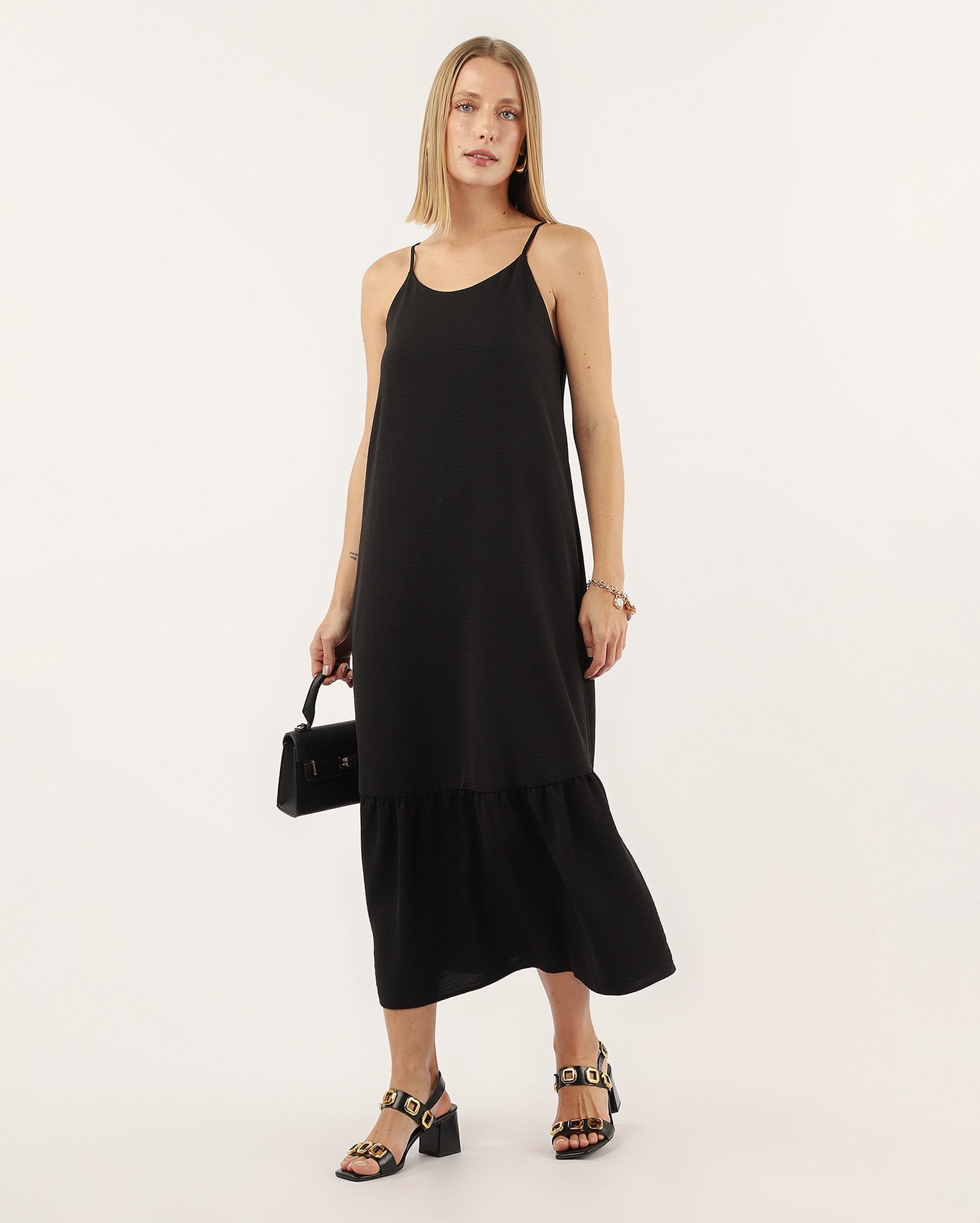 Vestido midi evasê com alças finas - Preto | AK