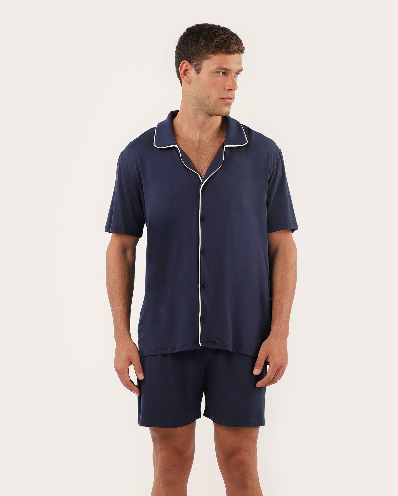 Pijama curto masculino americano com botões - azul