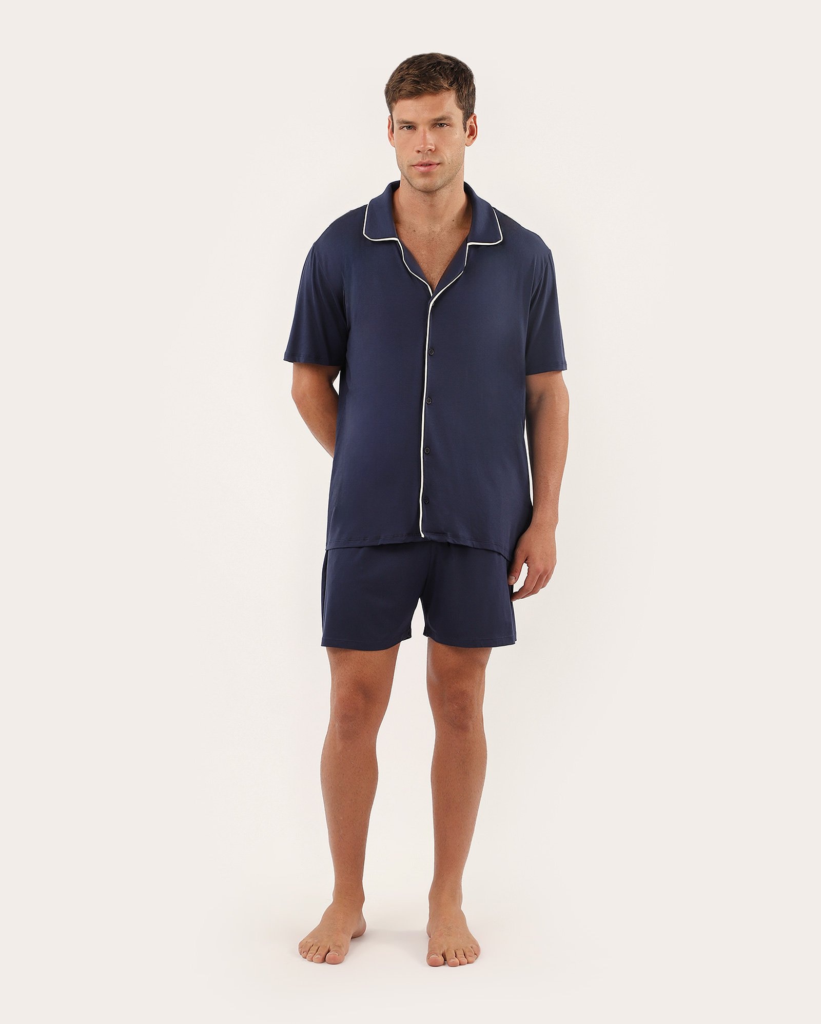 Pijama curto masculino americano com botões - azul