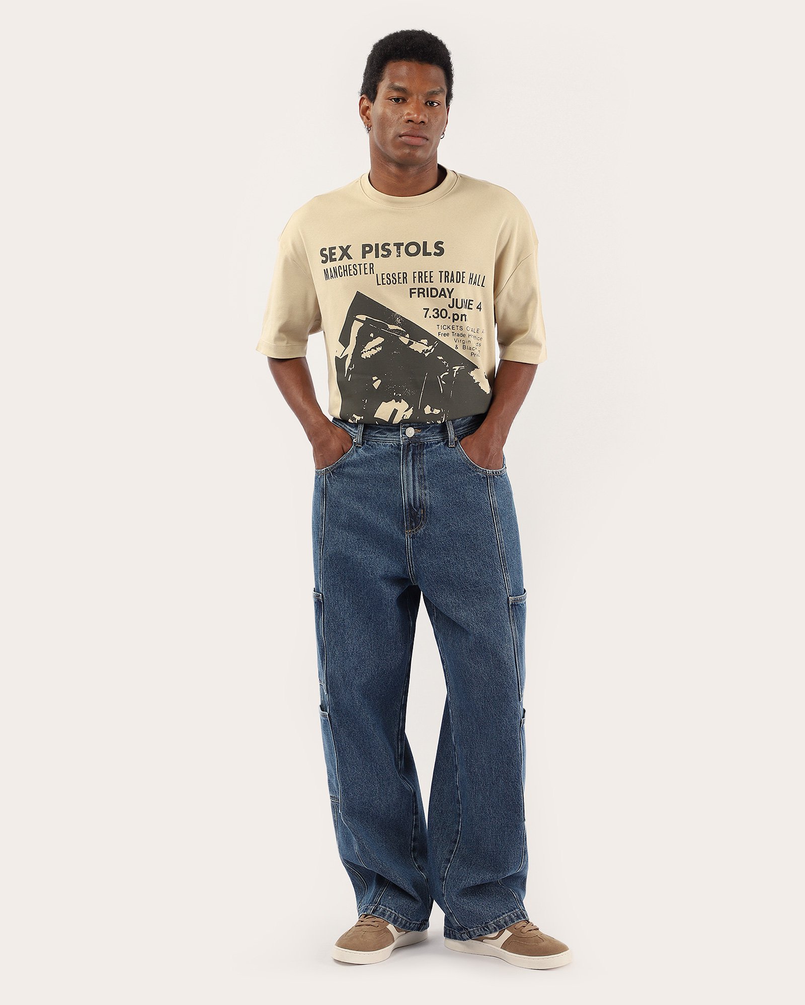 Calça jeans masculina wide leg cargo bolsos denim escuro | Pool Jeans