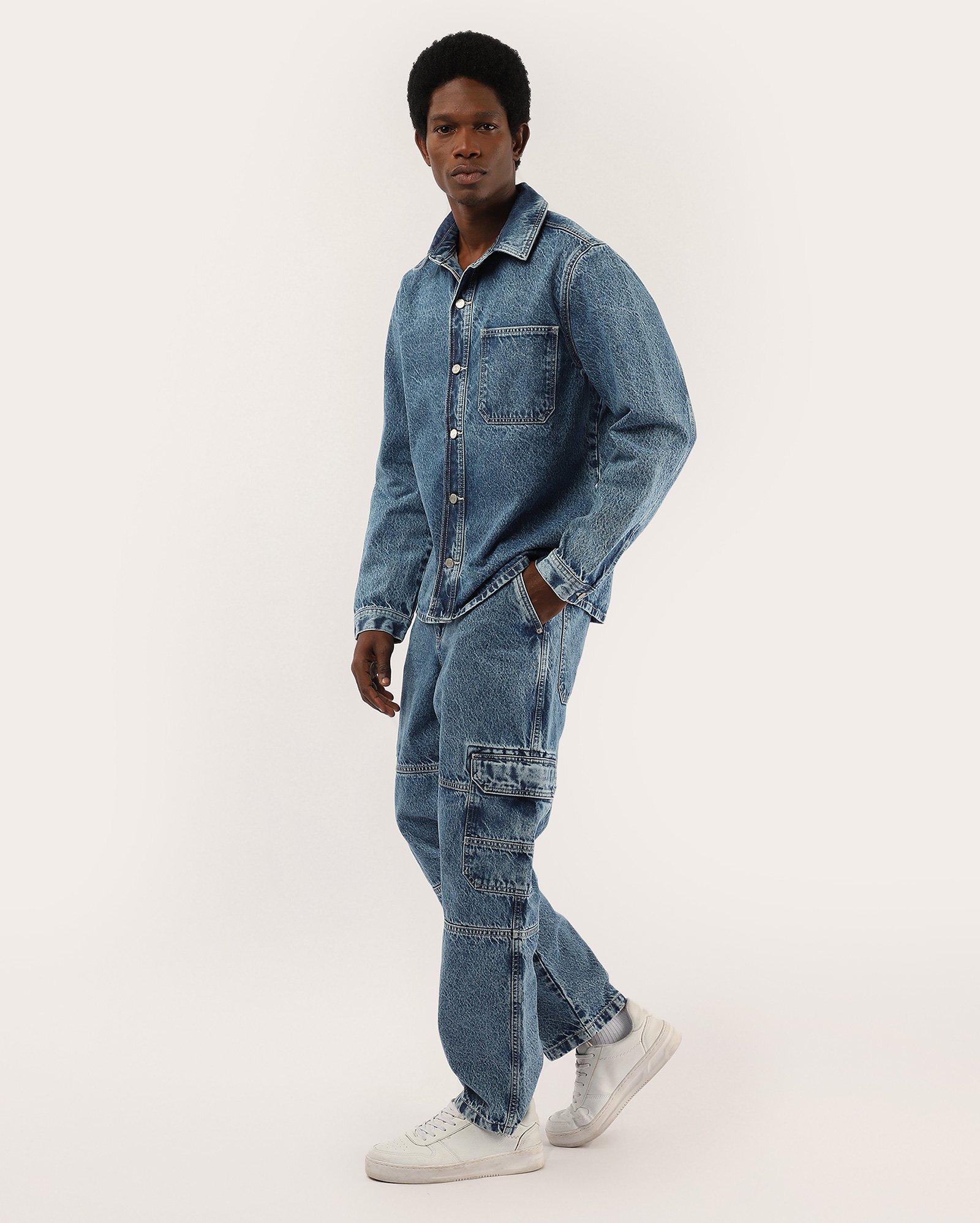 Calça jeans masculina baggy cargo denim médio | Pool Loop