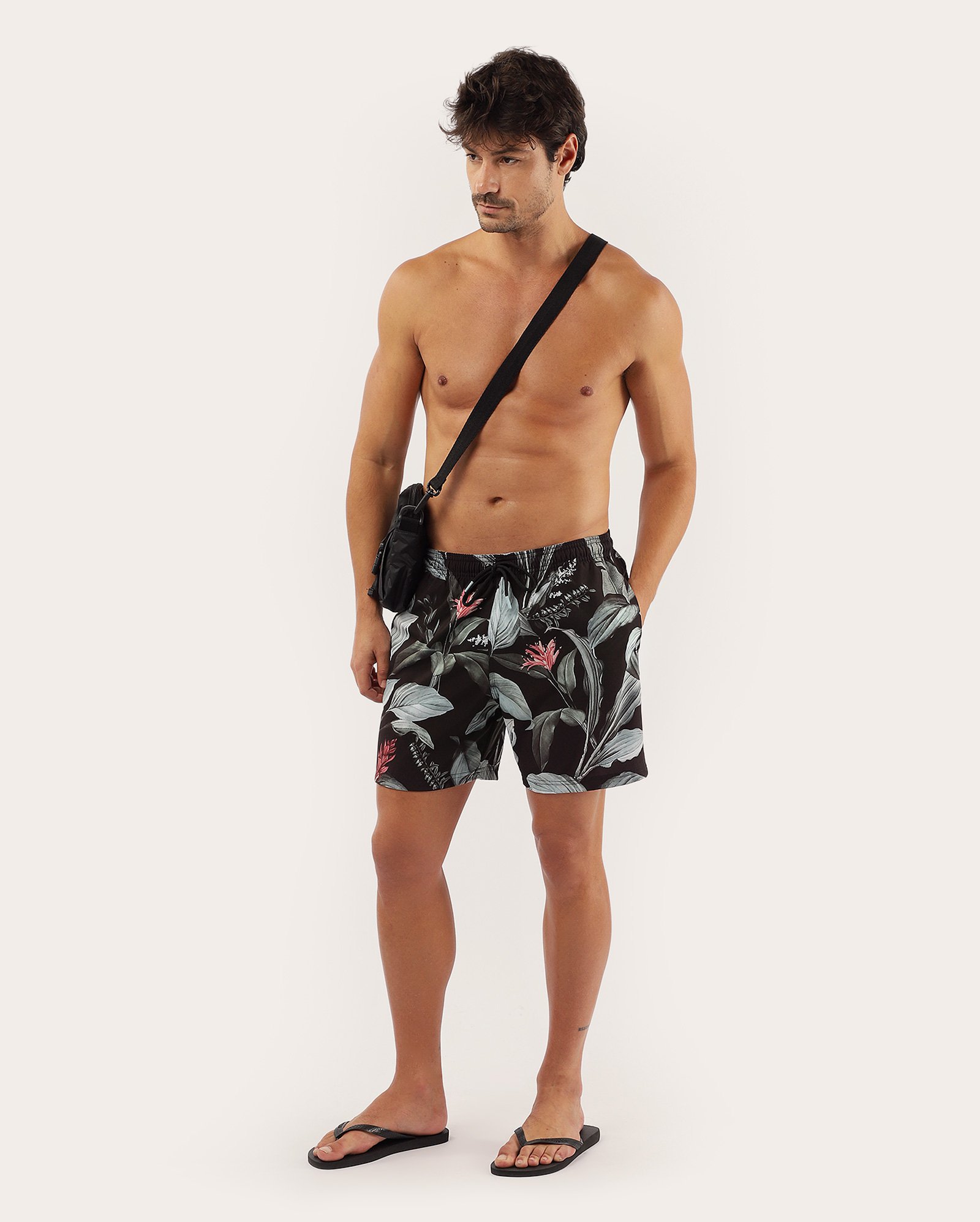 Short água masculino folhagem com bolsos preto