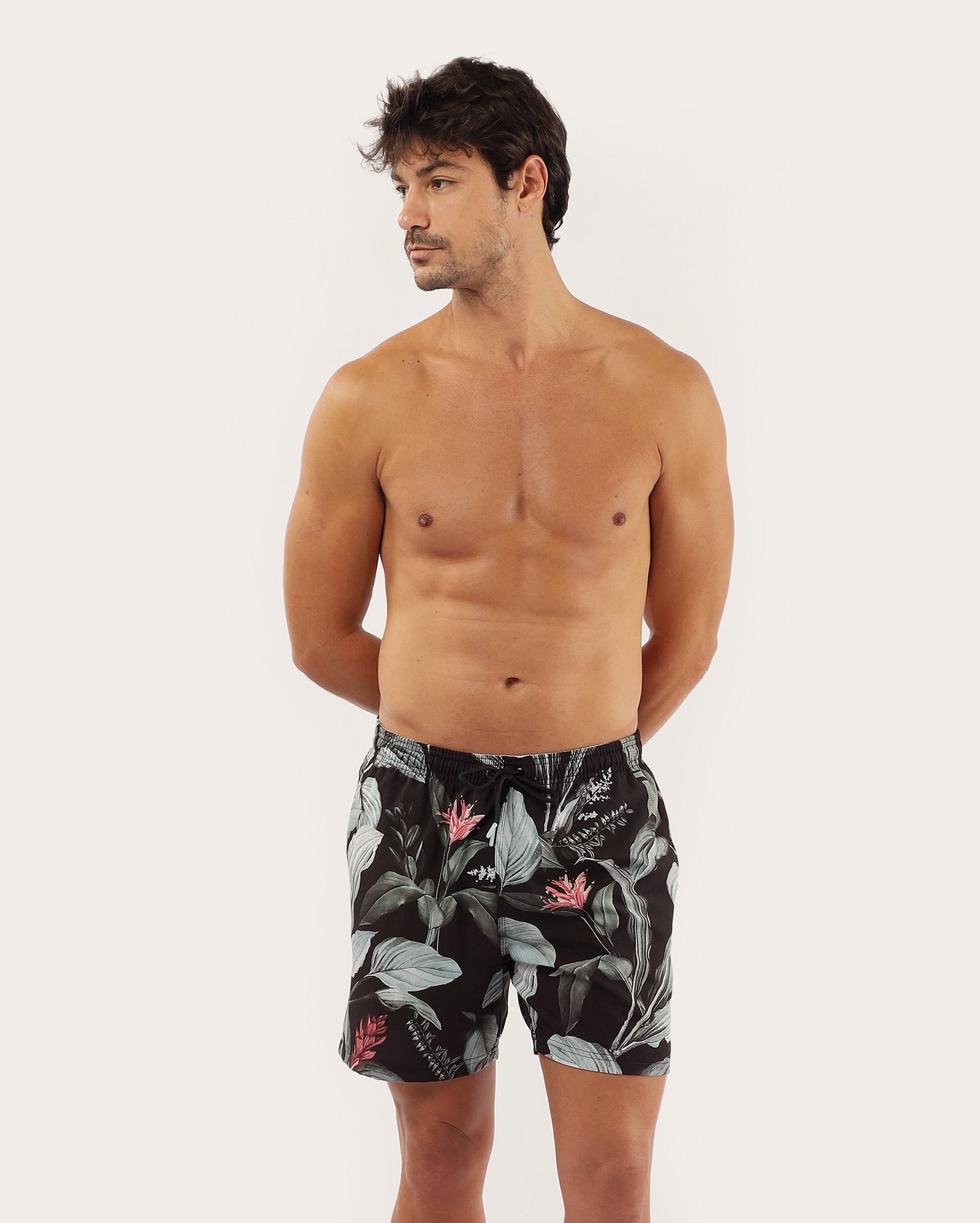 Short água masculino folhagem com bolsos preto