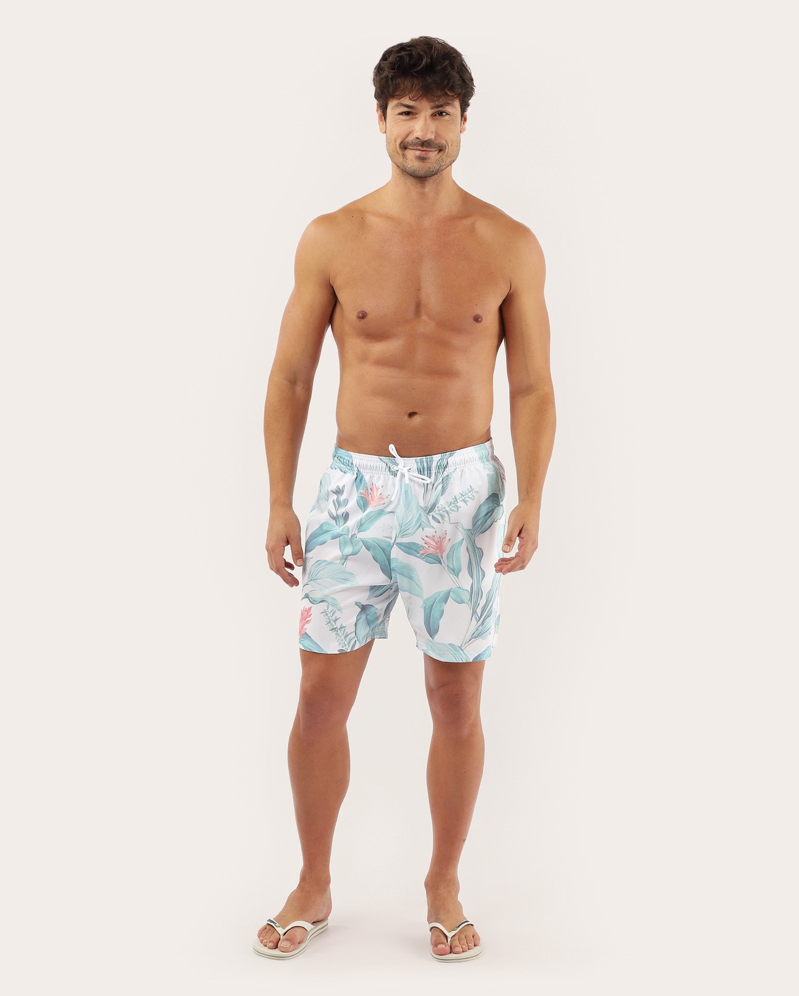 Short água masculino folhagem com bolsos branco