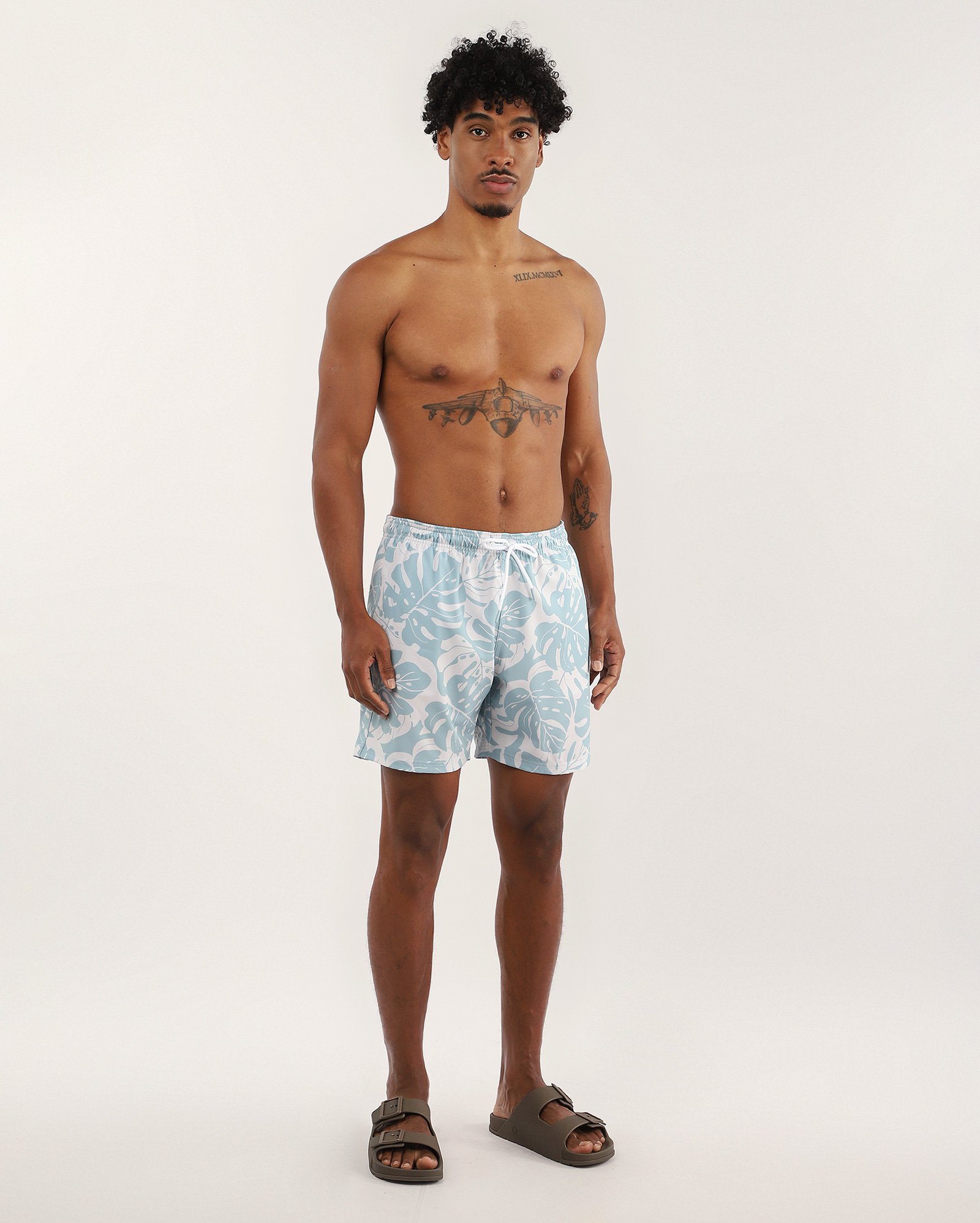 Short água masculino folhagem com cordão branco