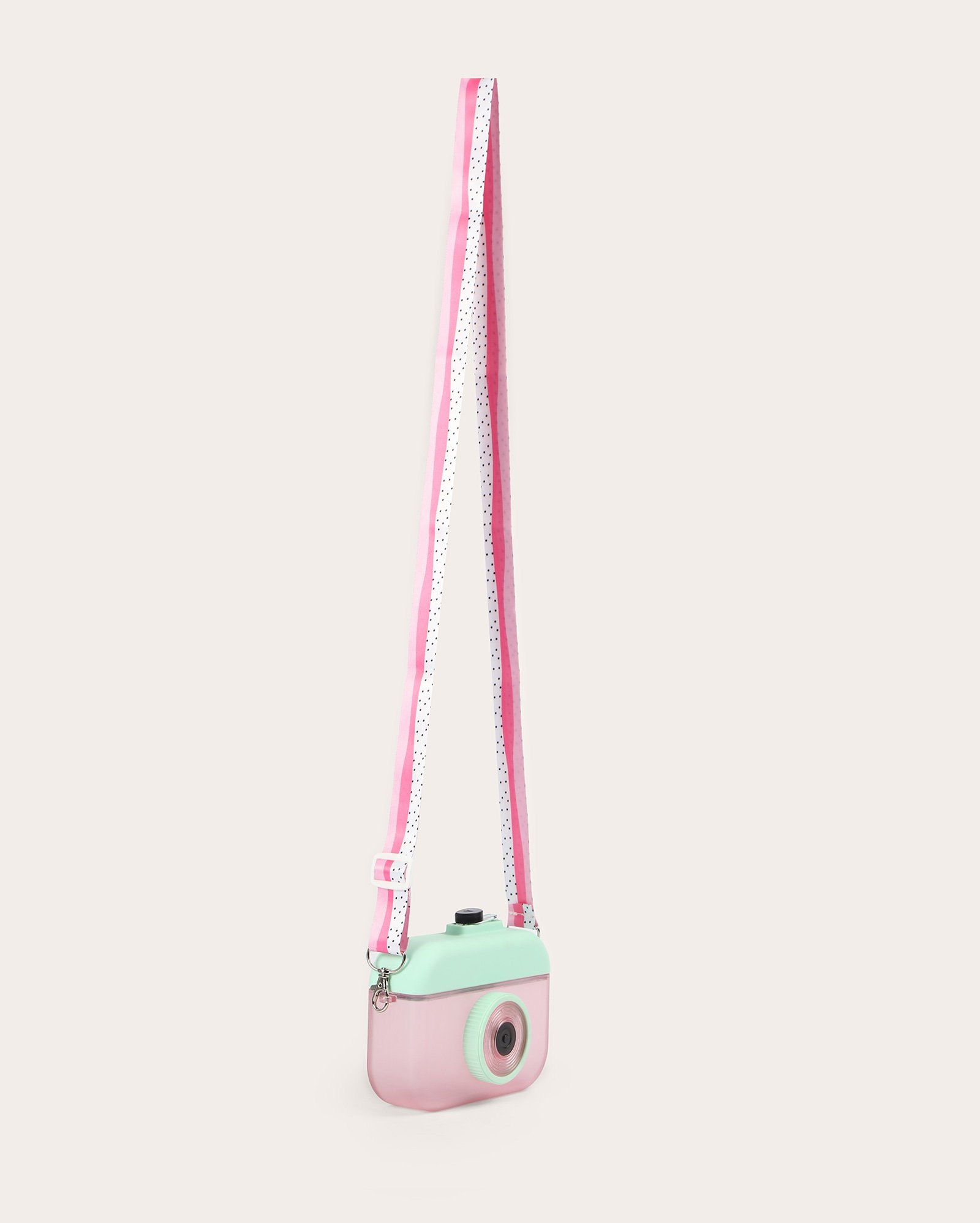 Garrafa plástica câmera canudo retrátil com alça 400ml rosa