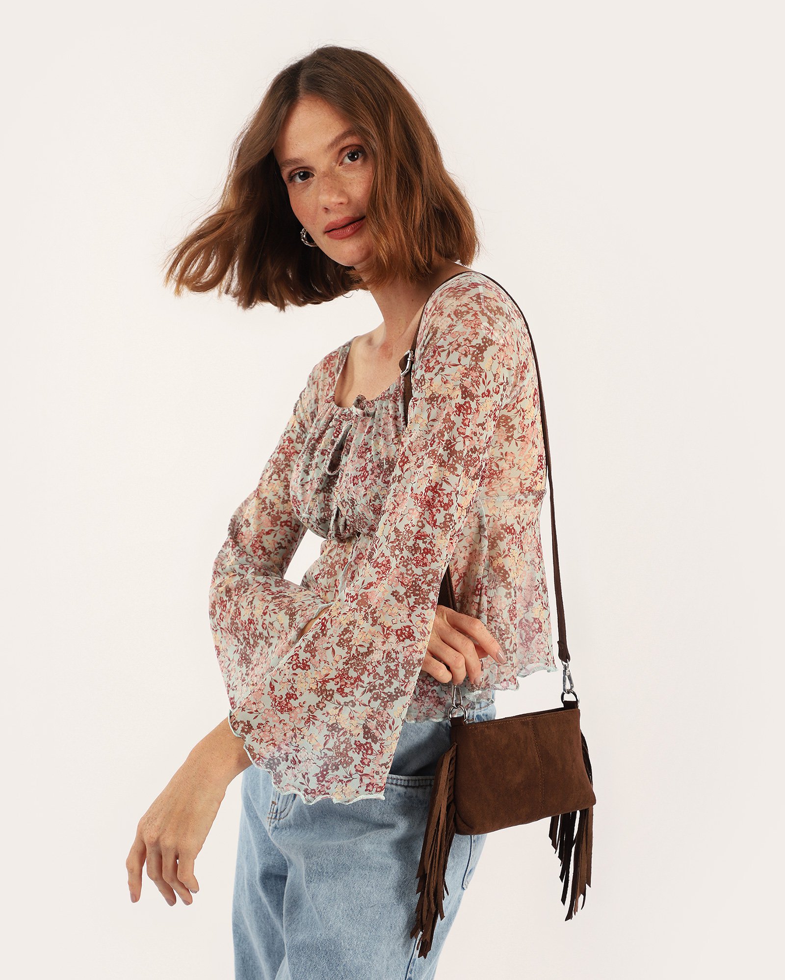 Bolsa feminina camurça P shoulder com franjas - Marrom Escuro