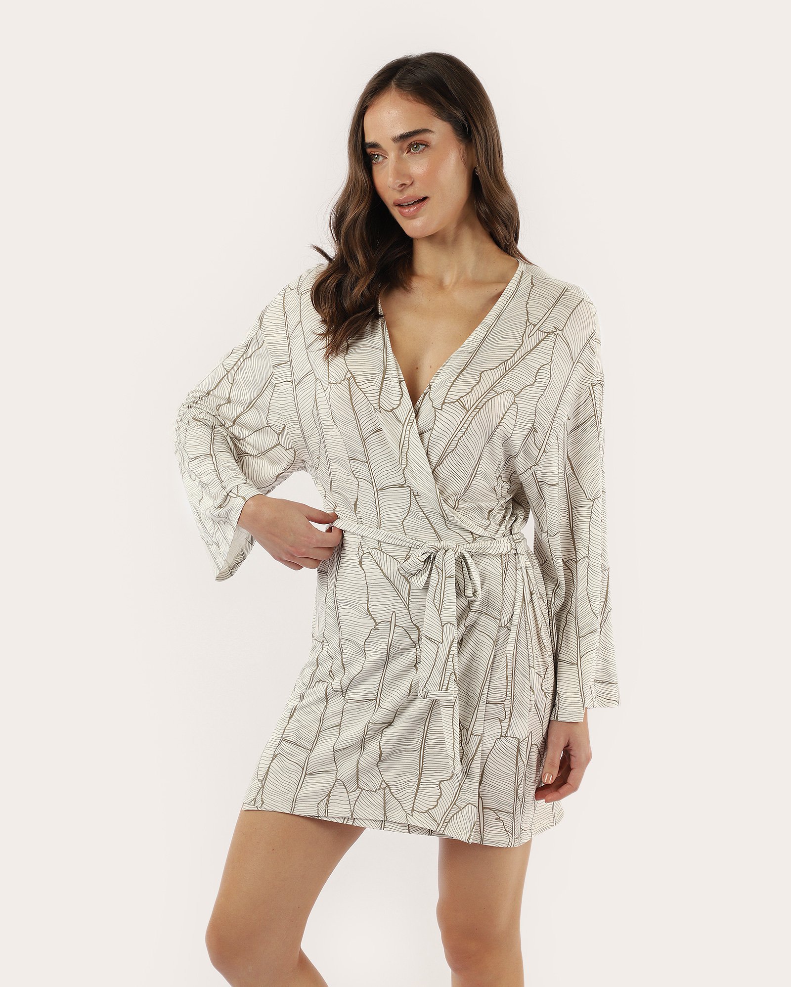 Robe feminino em viscose folhagens off-white