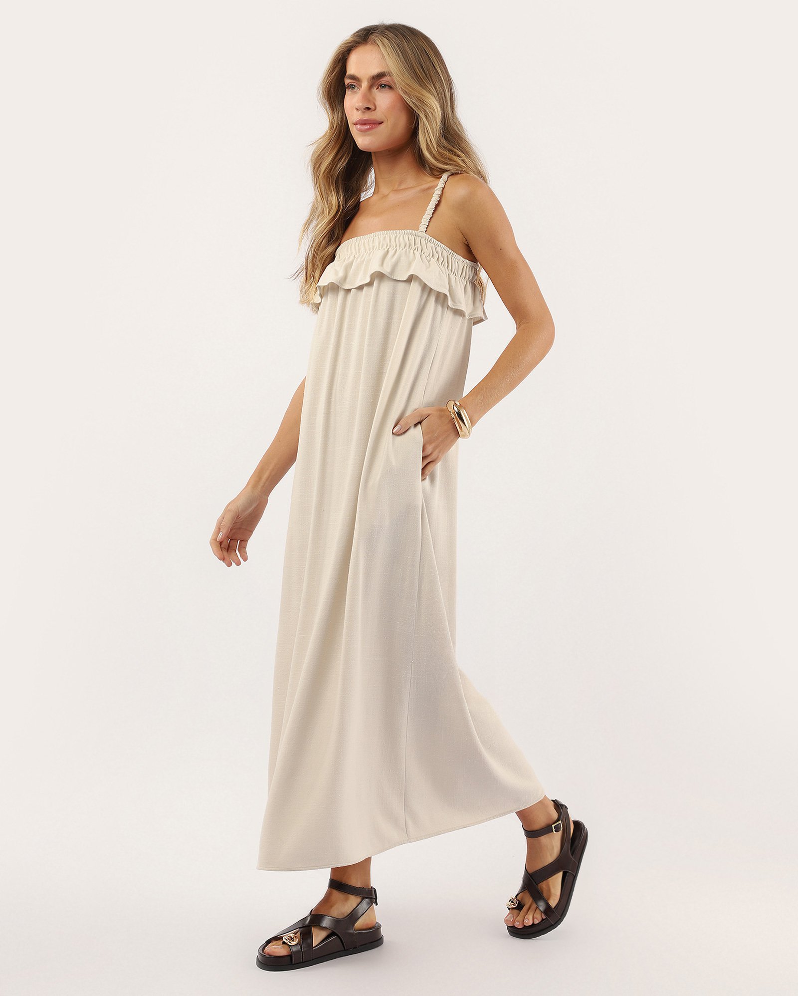 Vestido midi em viscolinho com babados bege | Special Edition
