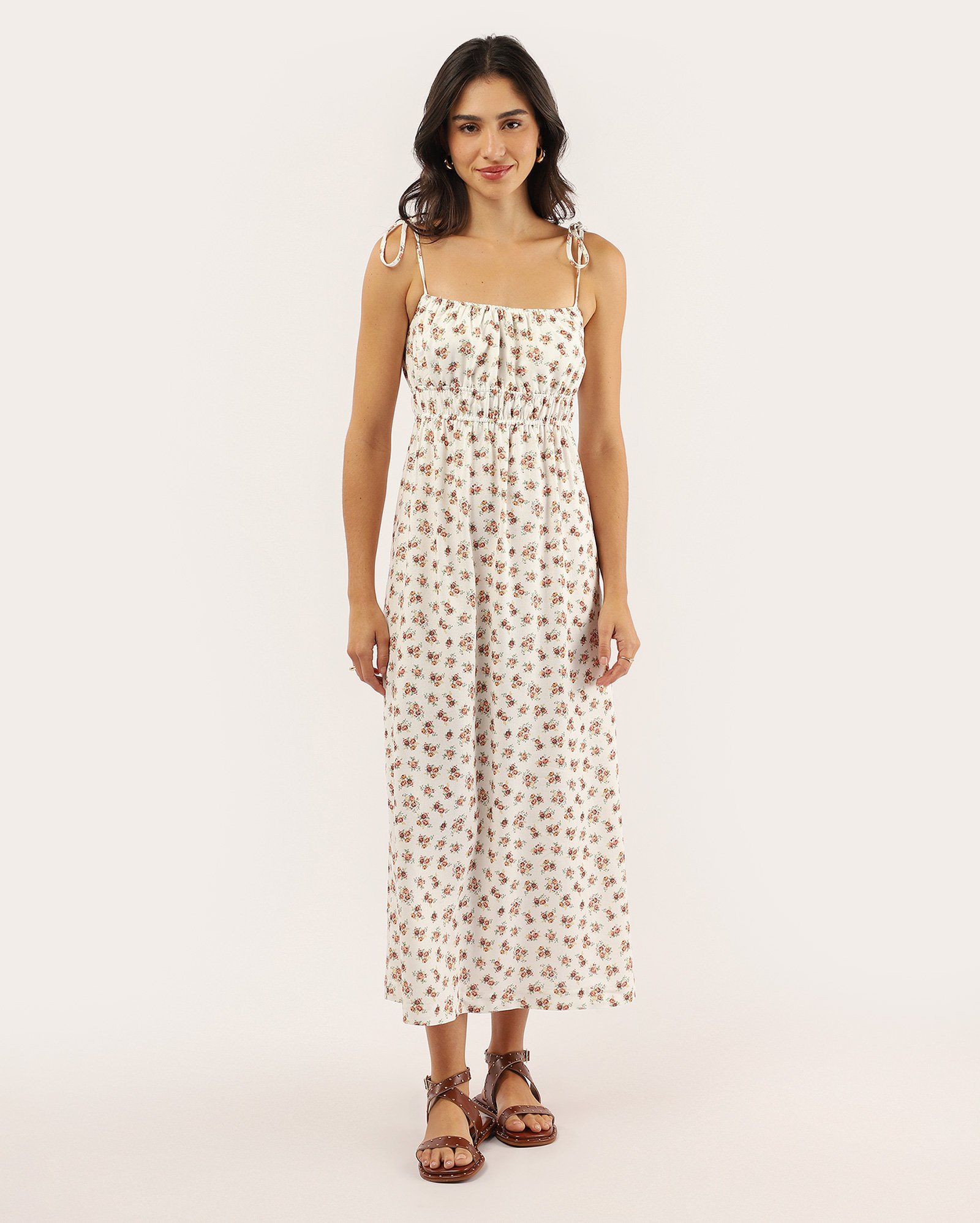 Vestido longo de viscose com alças estampa floral branco