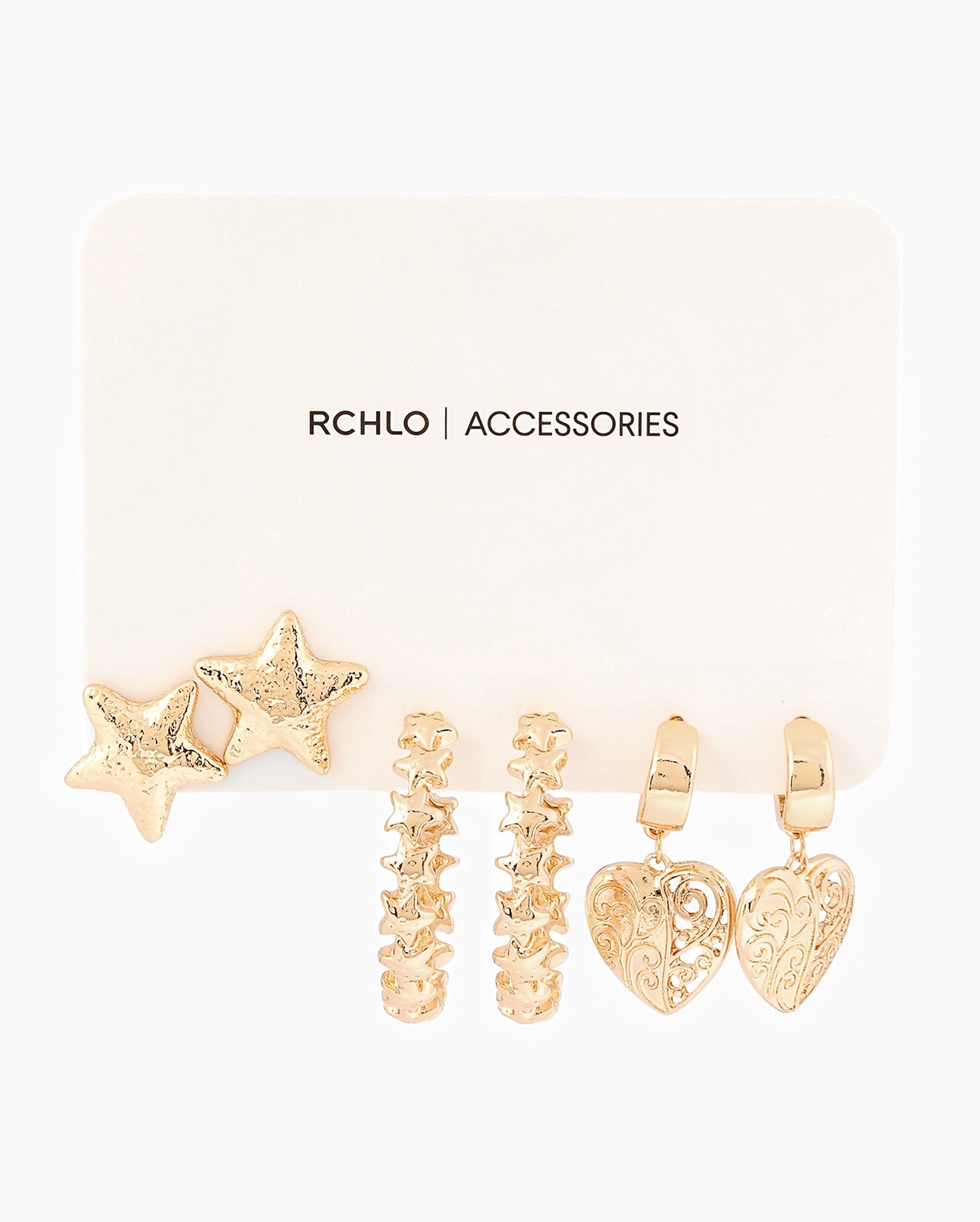 Kit feminino brinco 3 pares estrela e coração texturizado dourado