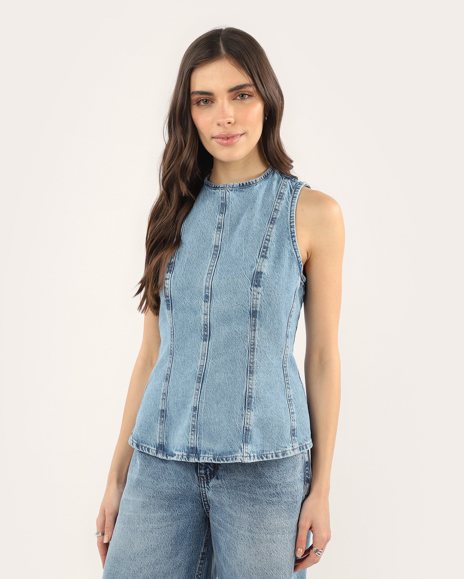 Regata jeans feminina com laço denim médio