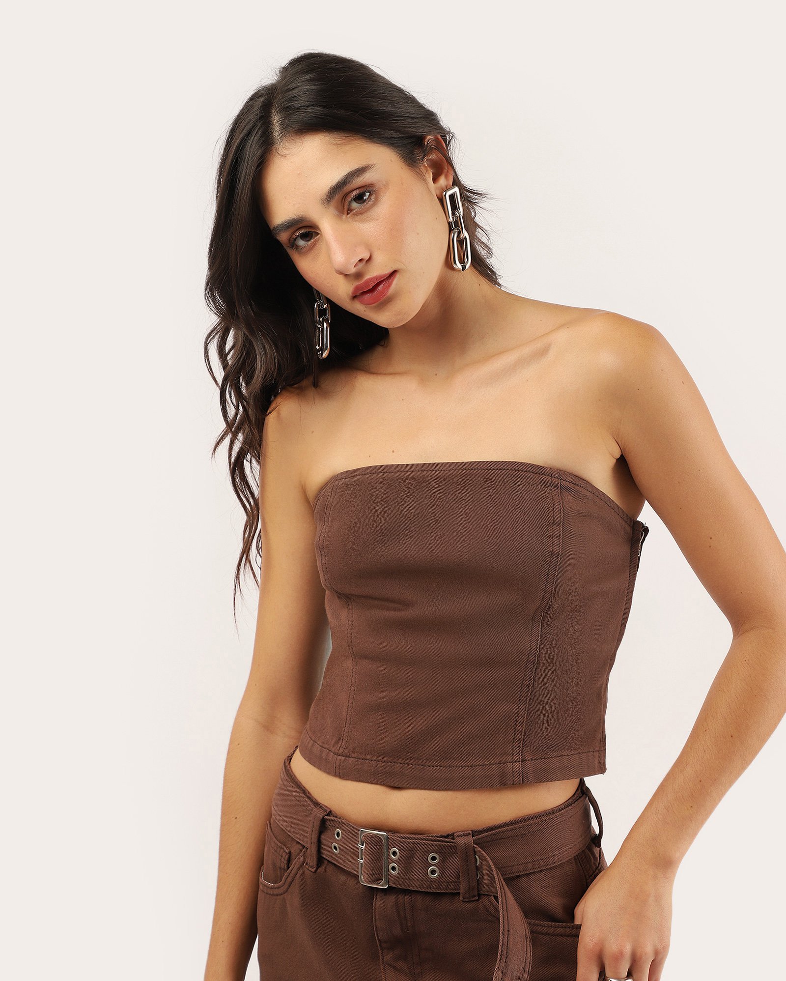 Top corset de sarja marrom | Pool Jeans