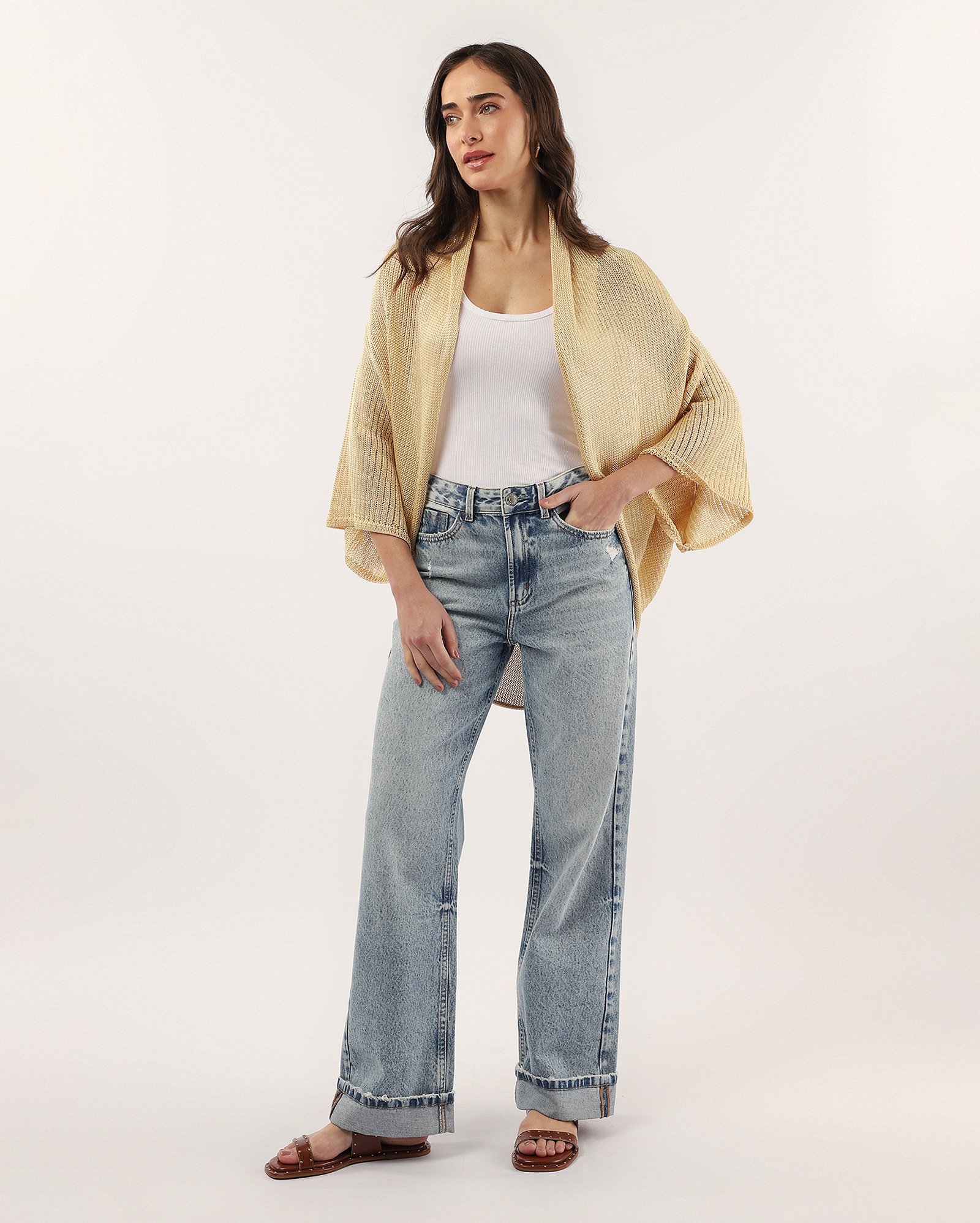 Cardigan feminino amplo em tricot amarelo