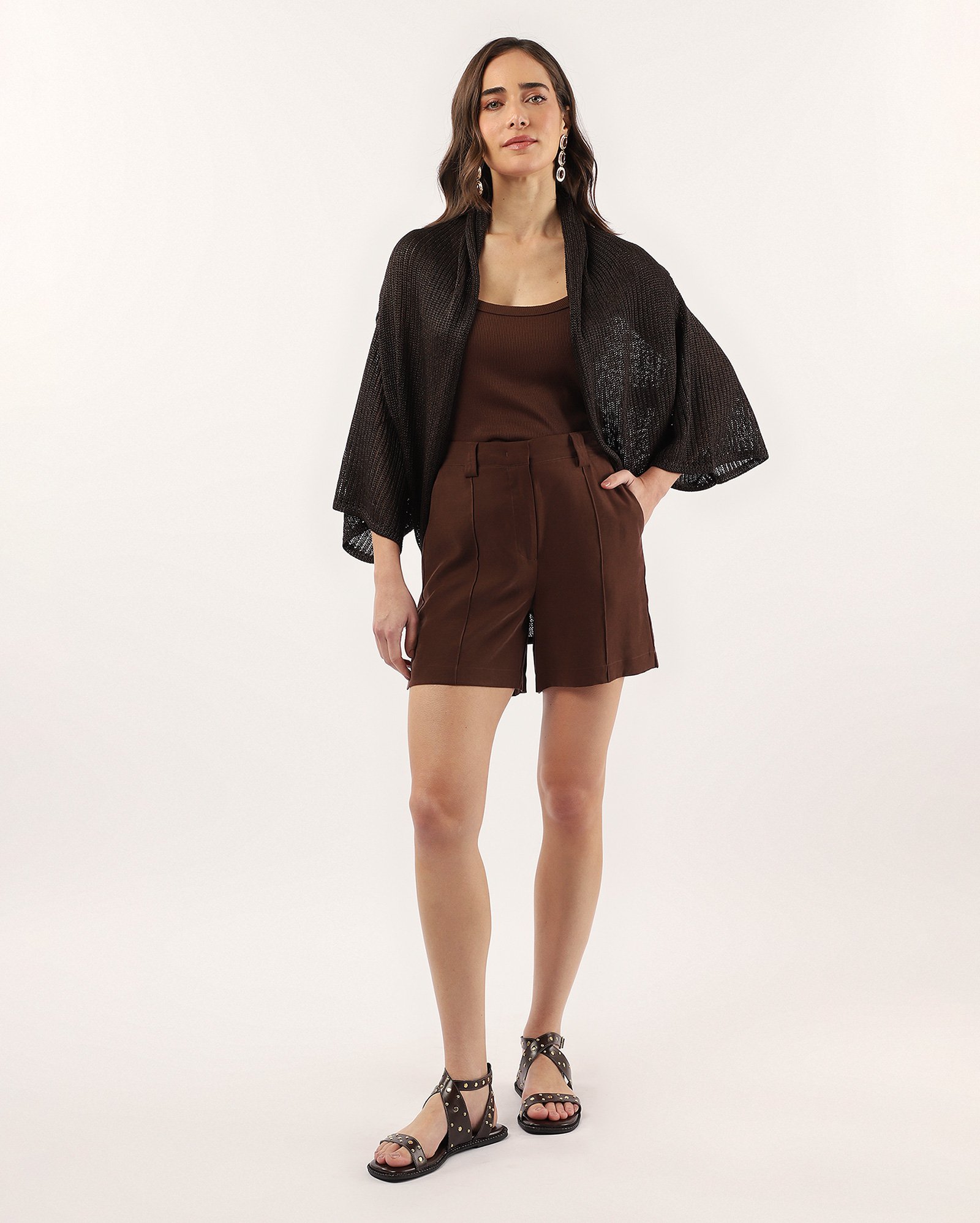 Cardigan feminino amplo em tricot marrom