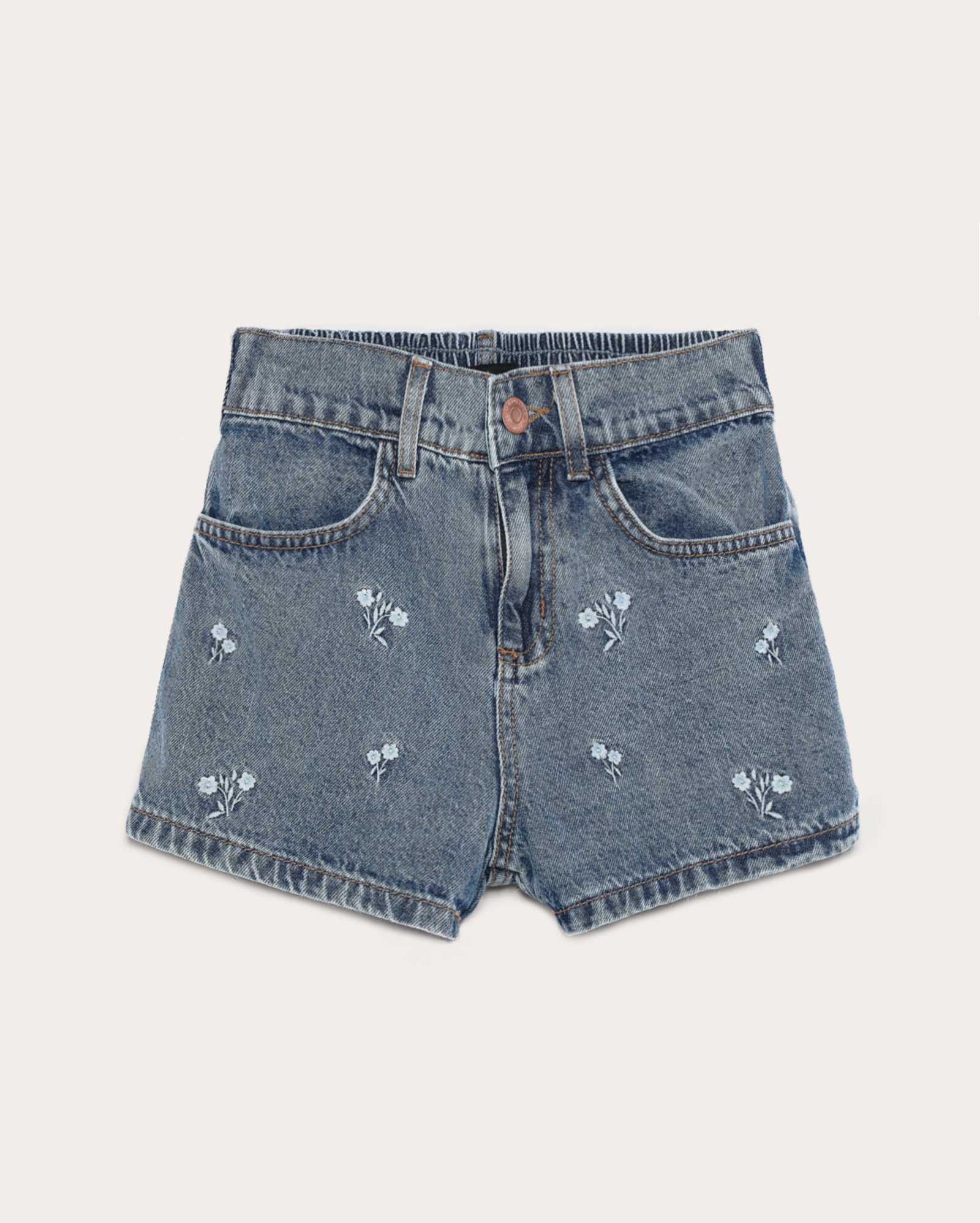 Short jeans juvenil regular com bordados florais - denim médio