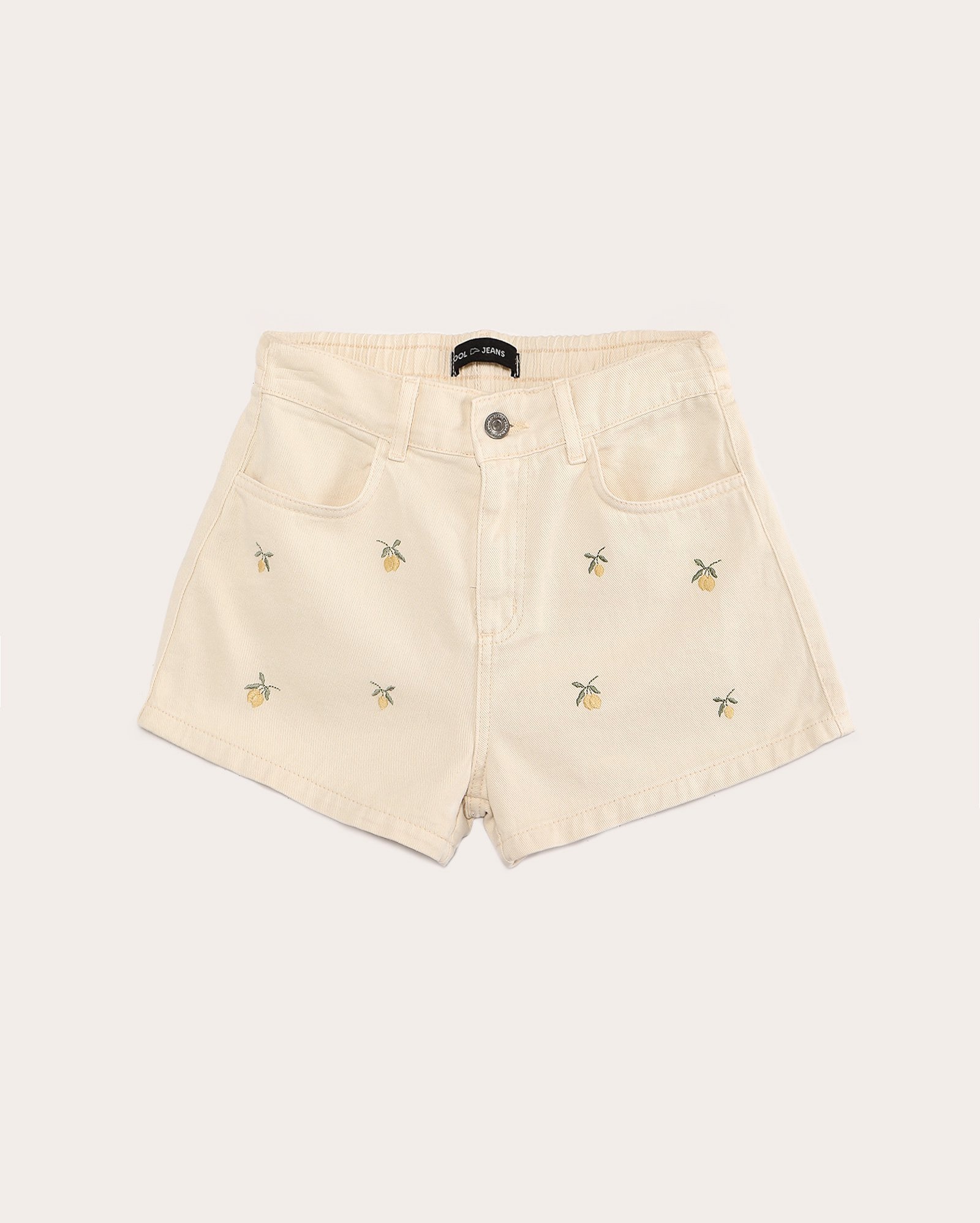 Short sarja juvenil regular bordado limão - bege