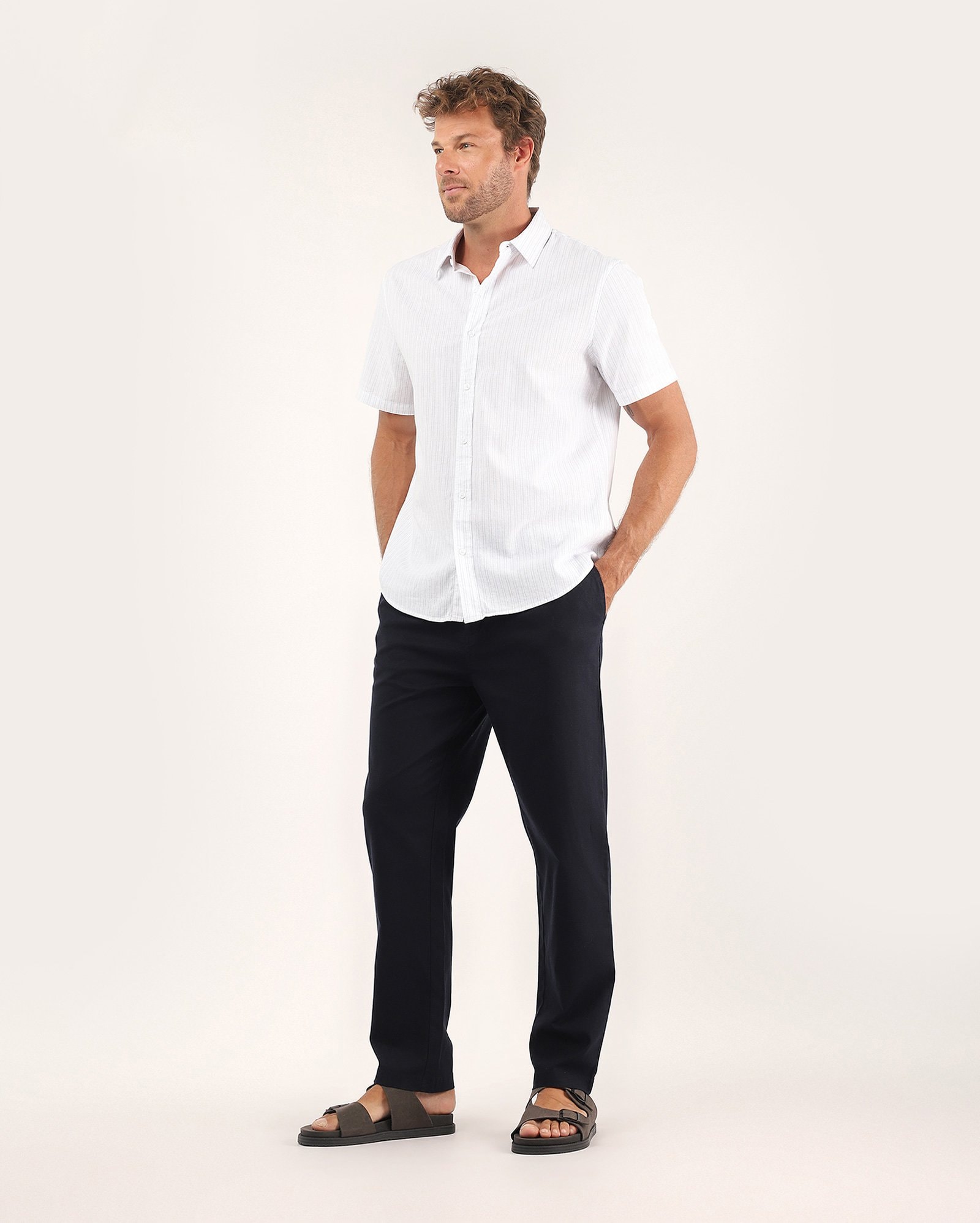 Calça masculina regular com linho - Azul Escuro
