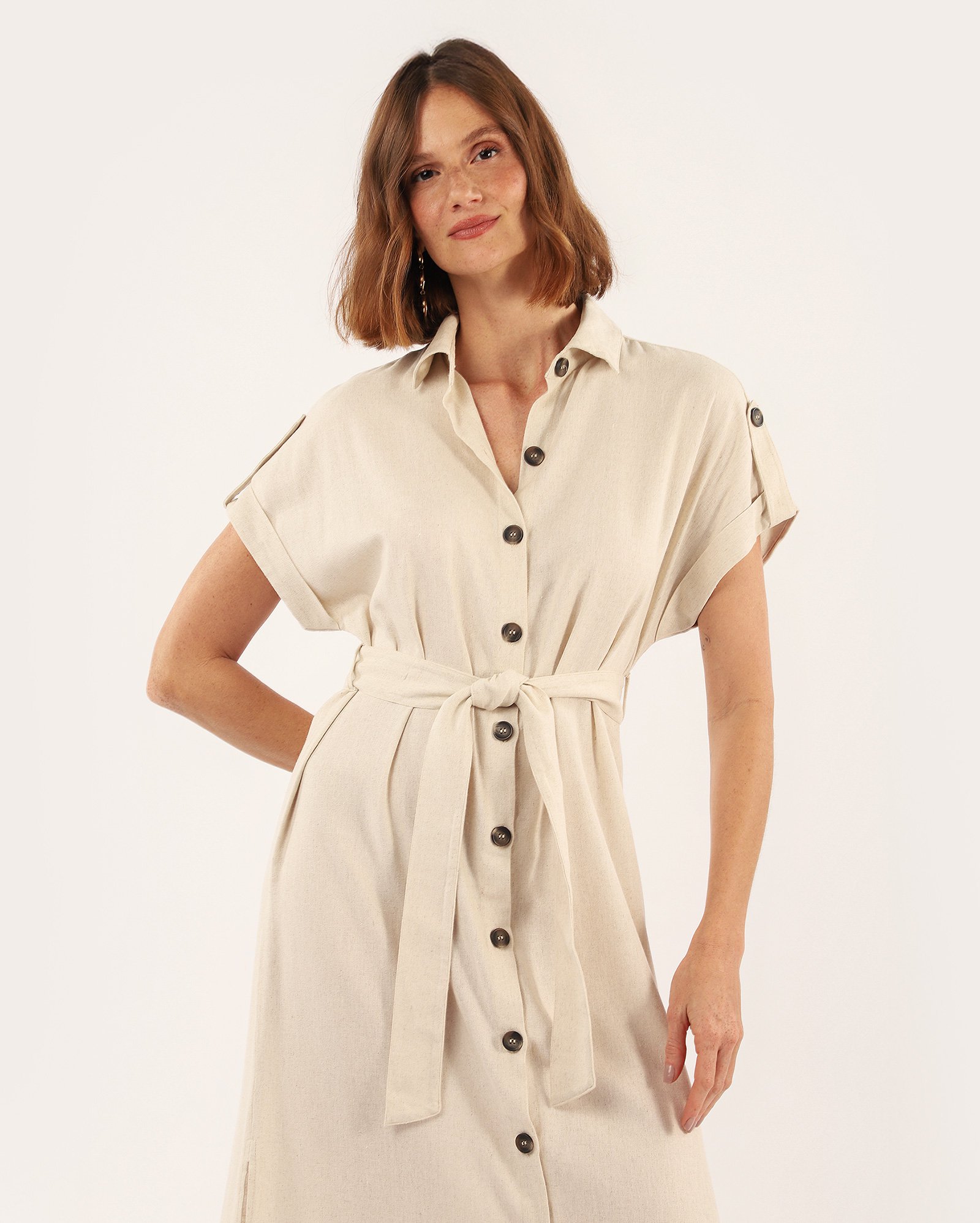 Chemise midi em viscolinho com laço bege | AK