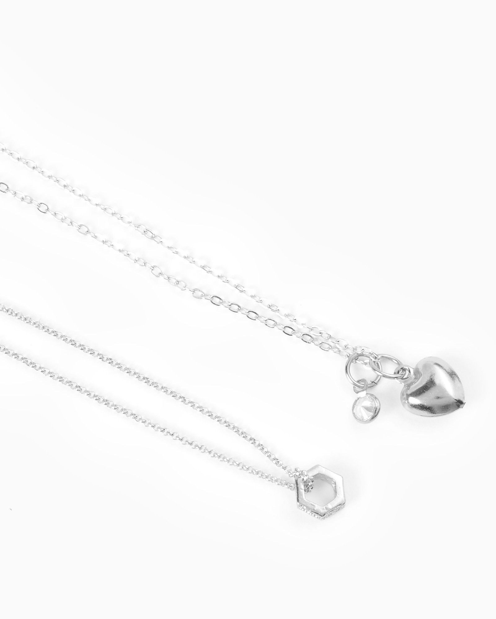 Kit colar feminino 2 peças coração strass prata