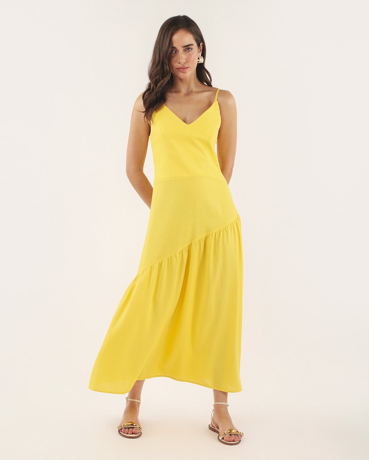 Riachuelo Vestido longo evasê em viscolinho Amarelo AK