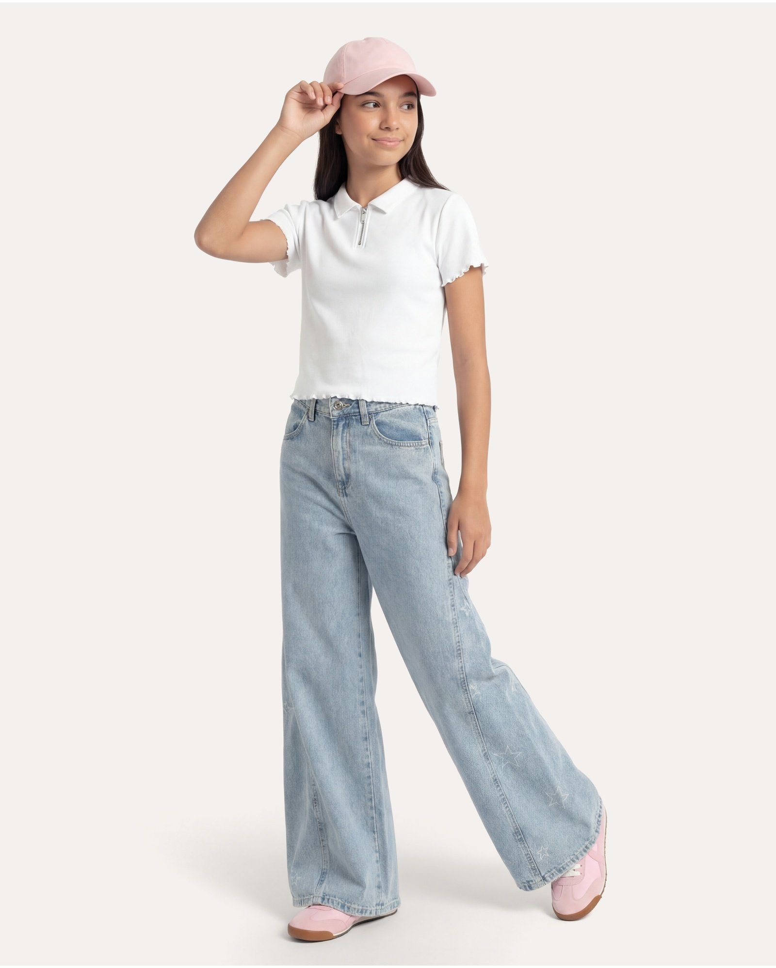 Calça jeans juvenil palazzo estrelar - denim médio
