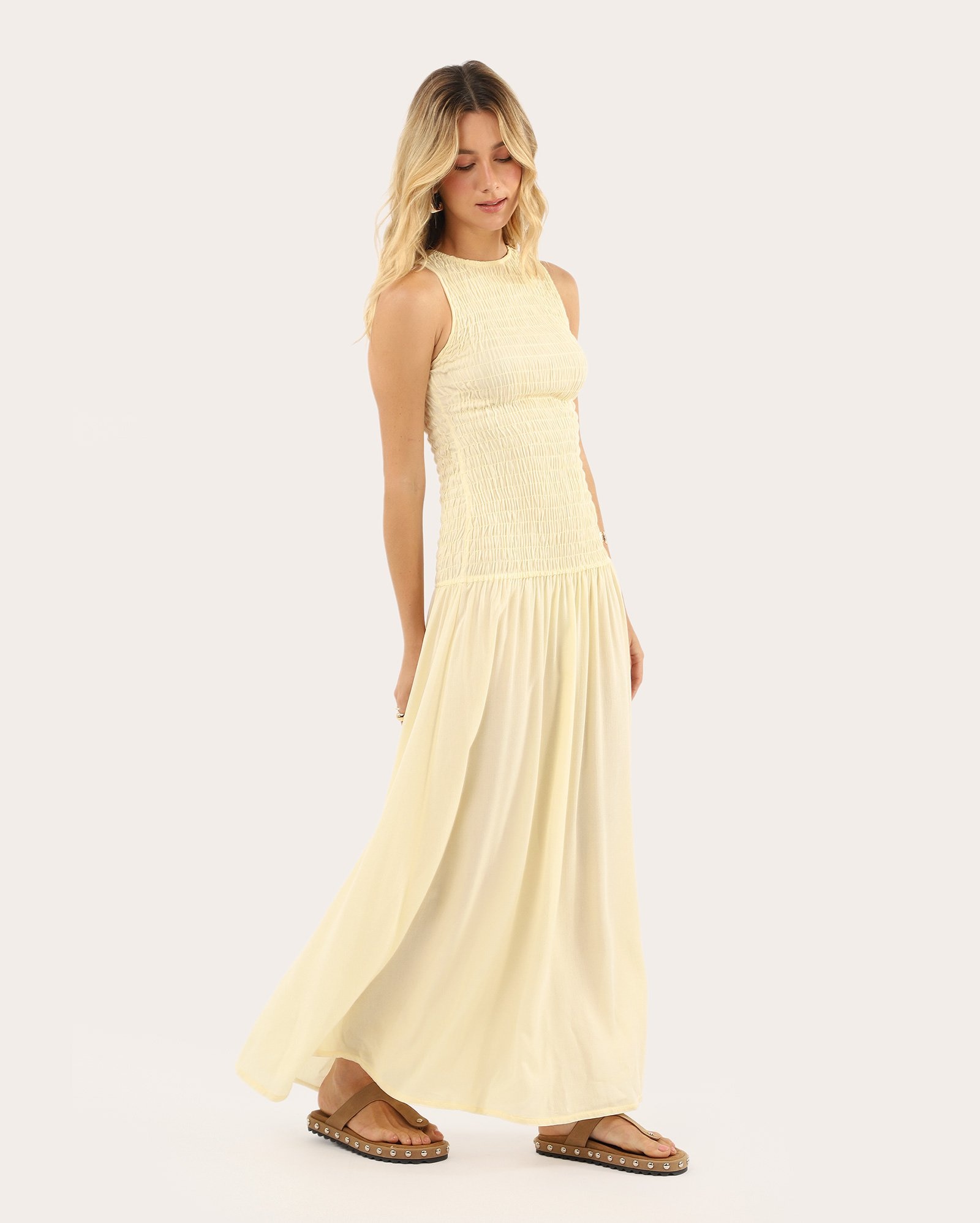 Vestido midi cintura baixa em viscose e lastex - amarelo