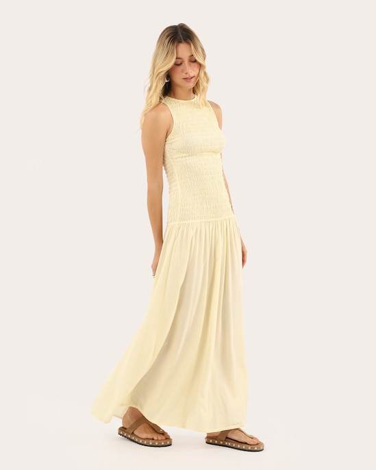 Vestido midi cintura baixa em viscose e lastex