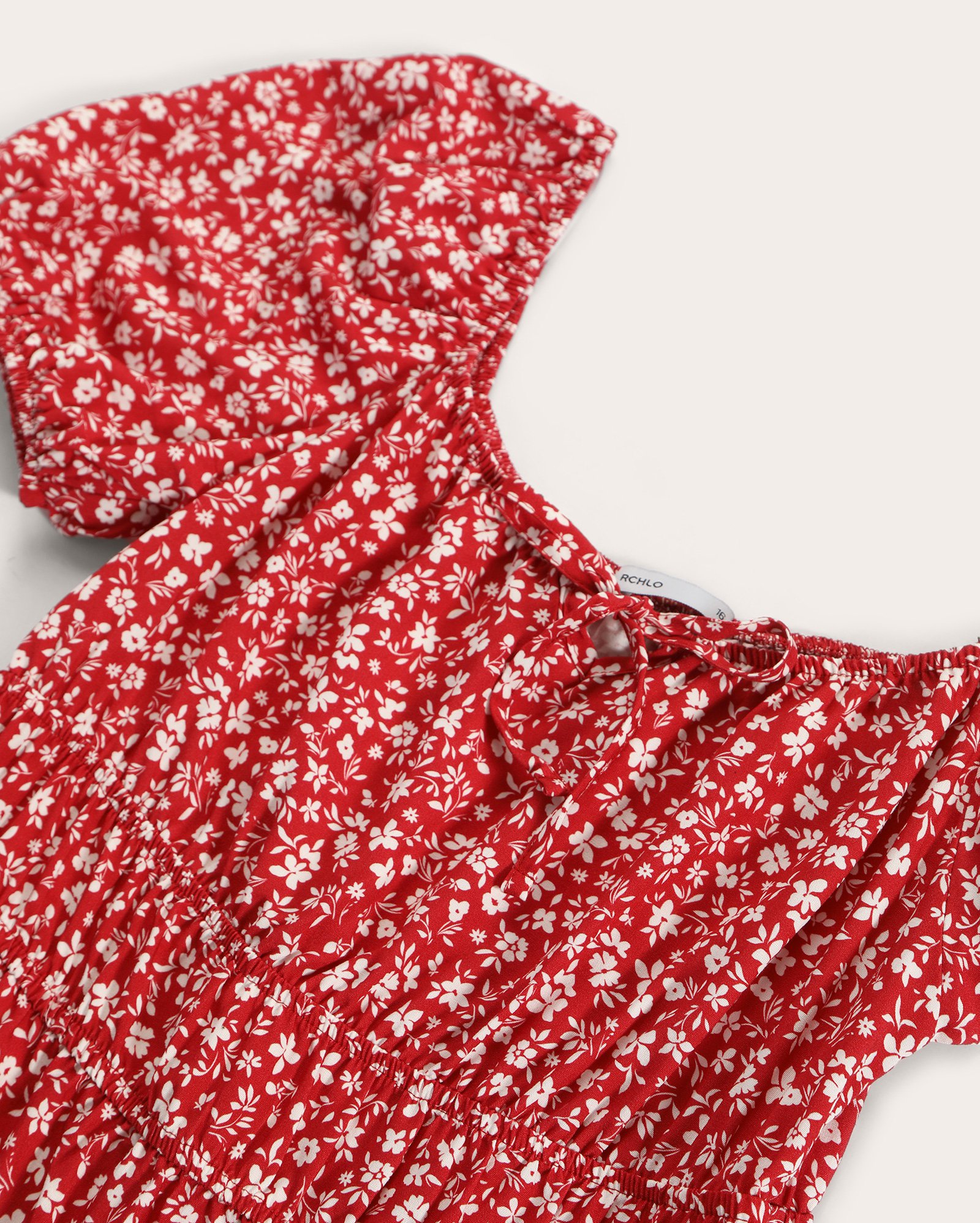 Vestido juvenil manga bufante viscose floral vermelho