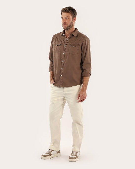 Calça sarja masculina reta com bolsos - Bege Claro | Pool Jeans