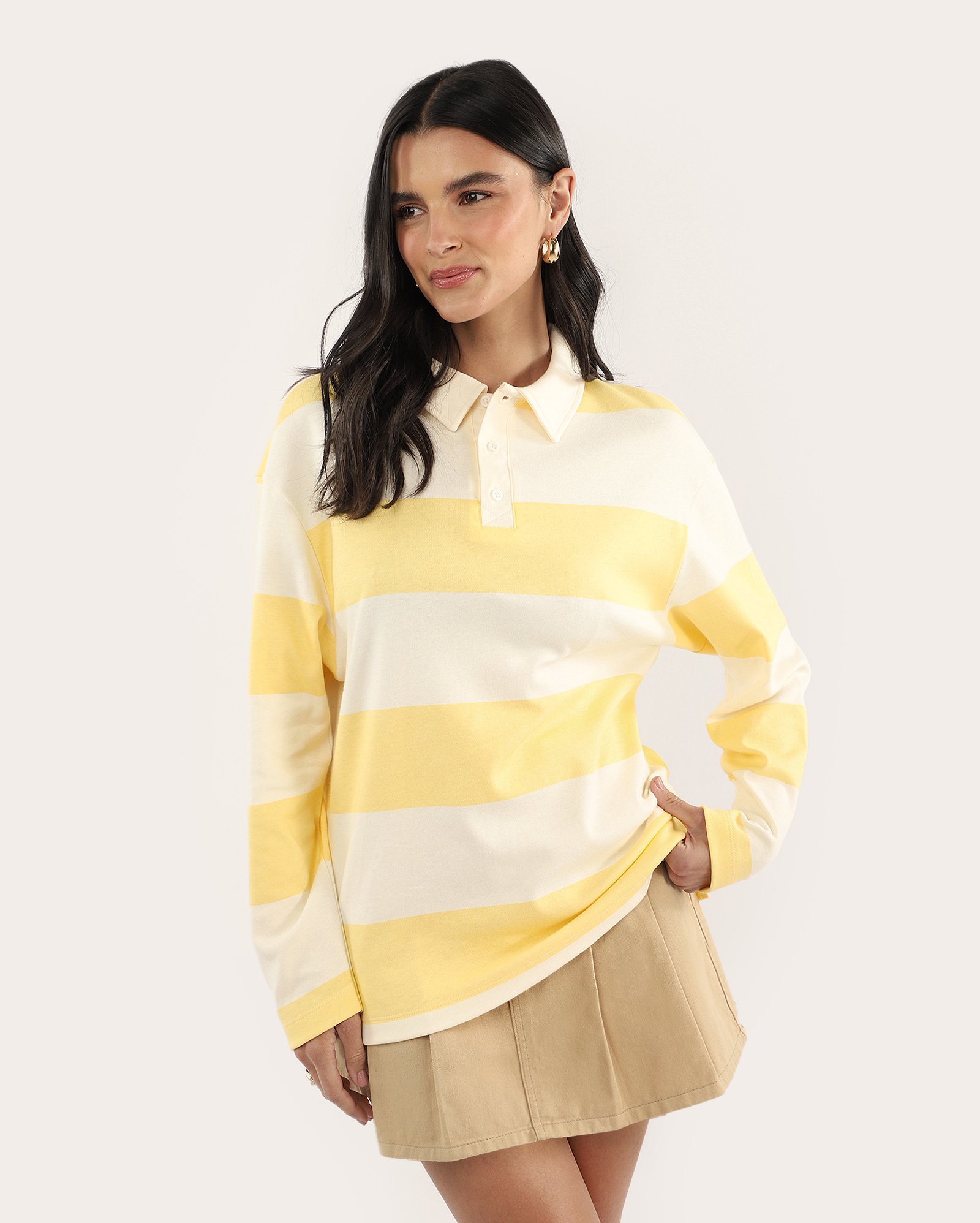 Camisa polo feminina ampla listrada - Amarelo Claro