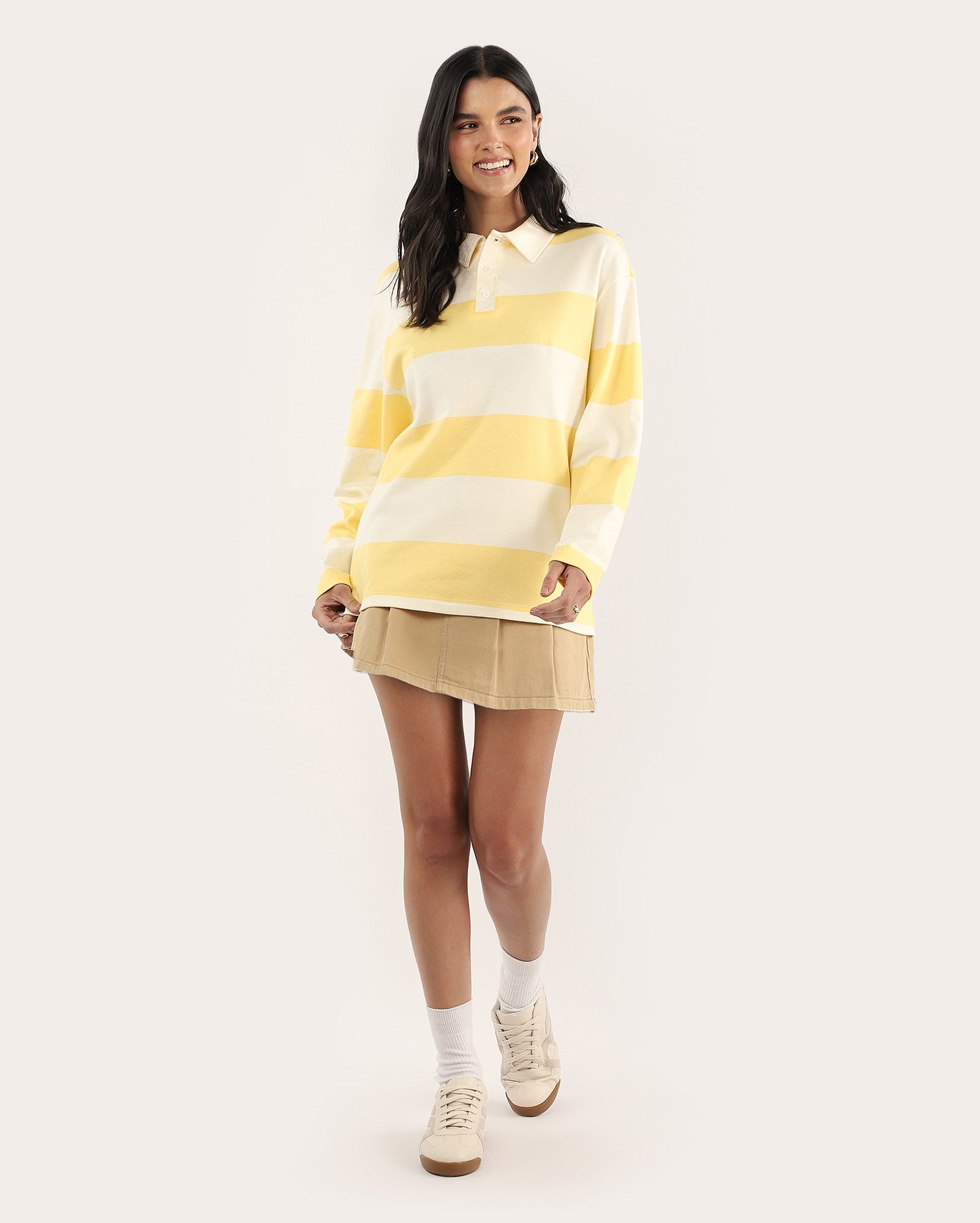 Camisa polo feminina ampla listrada - Amarelo Claro