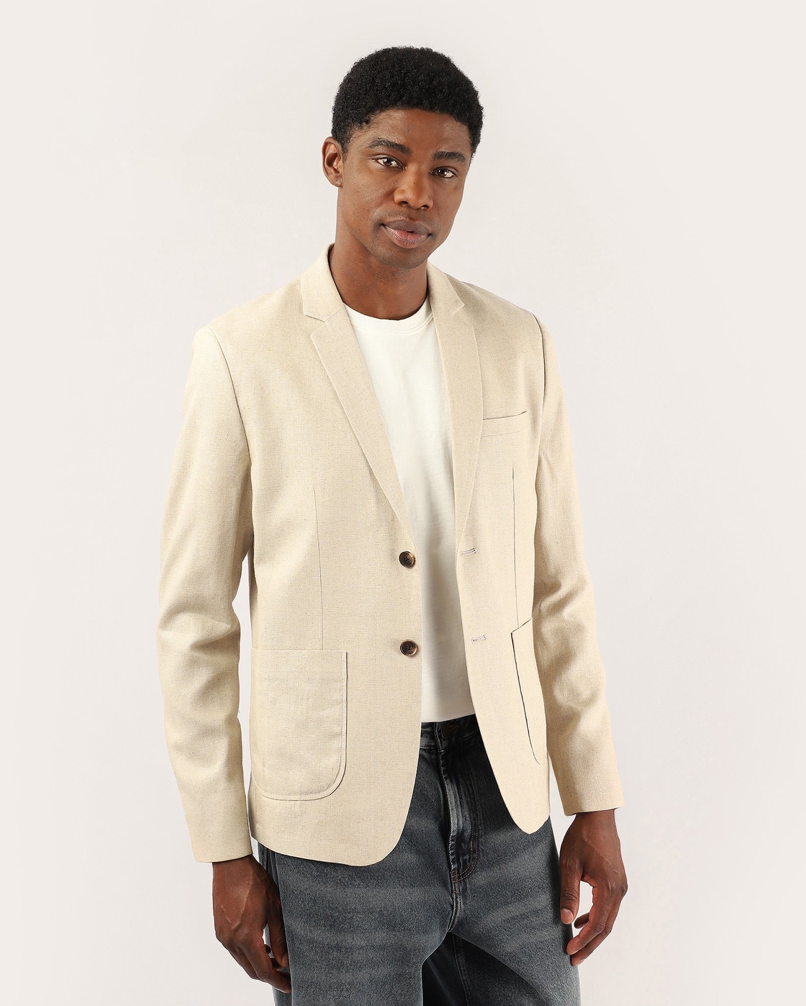 Blazer masculino em viscolinho acinturado - Bege