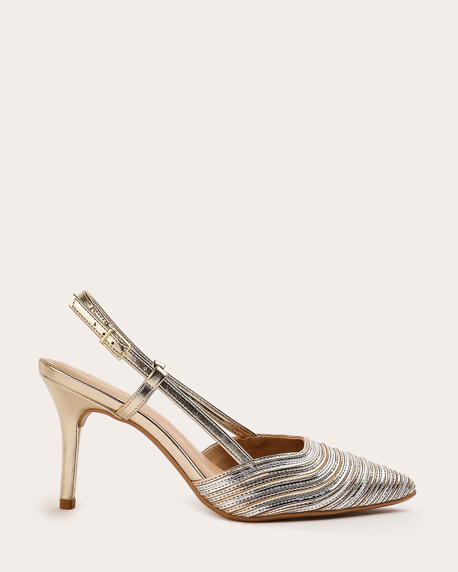 Sapato scarpin slingback salto alto recortes metalizados dourado