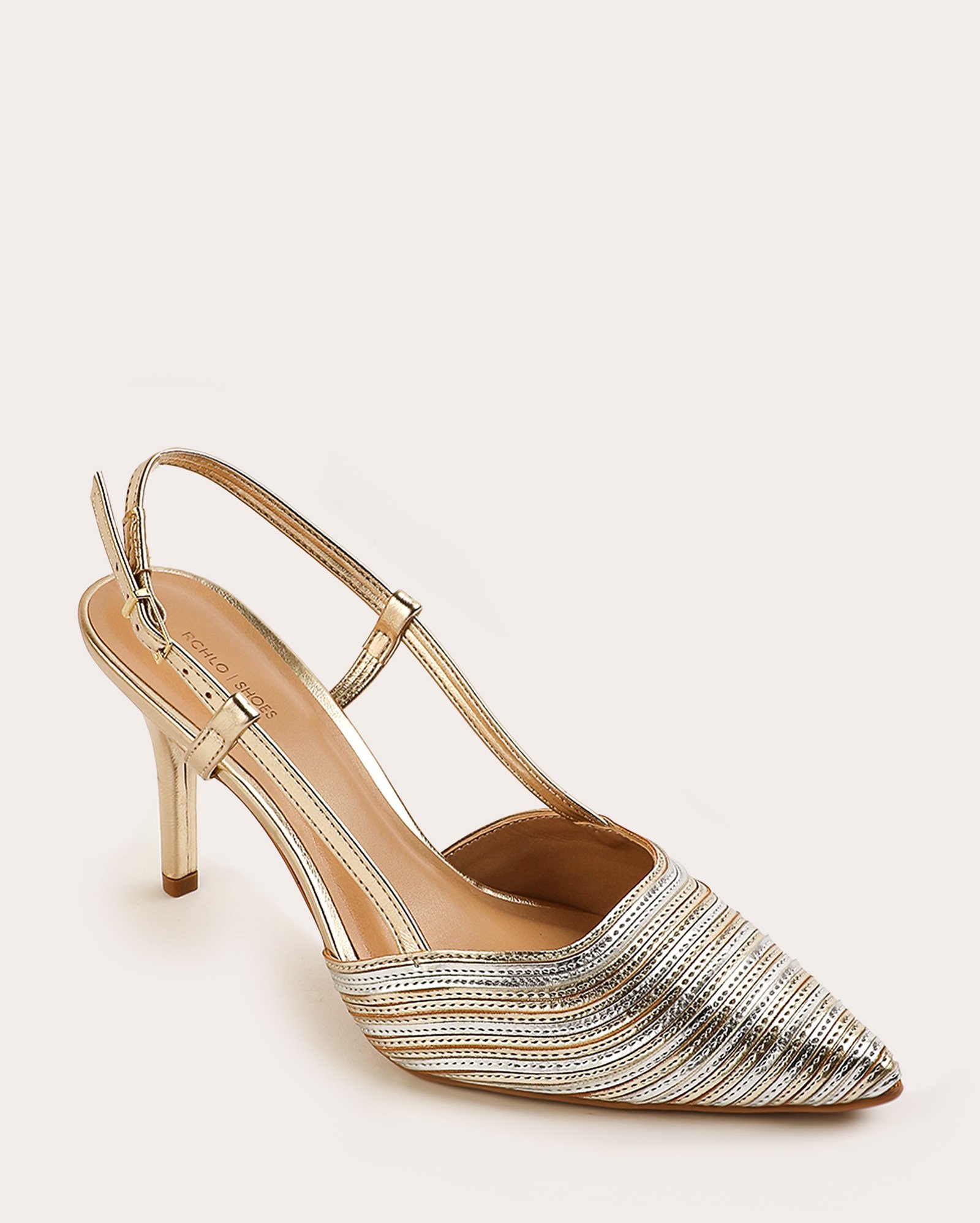 Sapato scarpin slingback salto alto recortes metalizados dourado