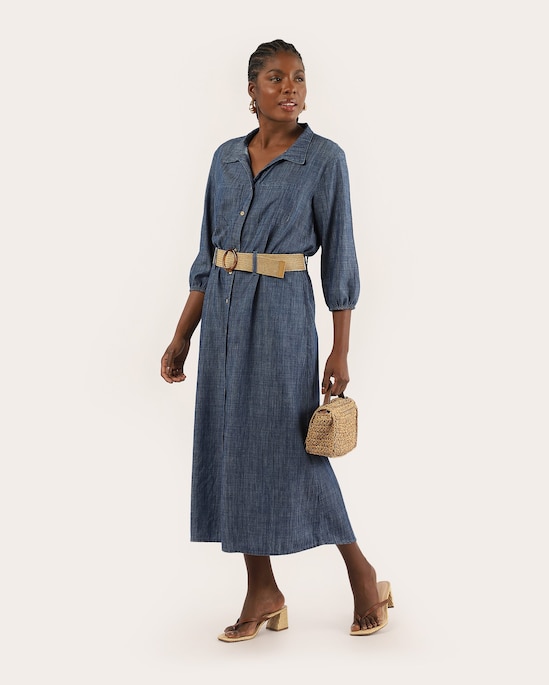 Chemise jeans midi evasê com liocel e cinto denim médio