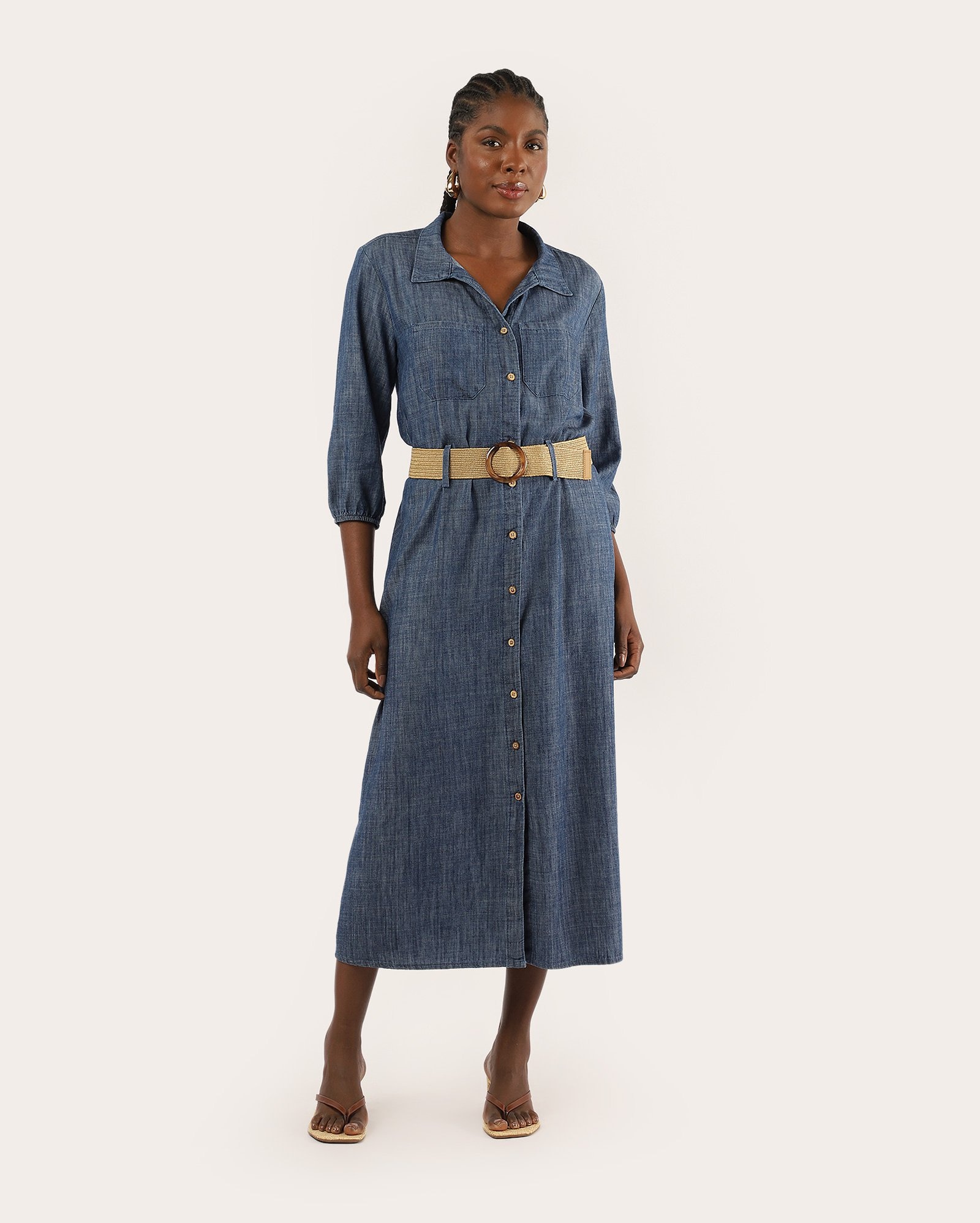 Chemise jeans midi evasê com liocel e cinto - denim médio | Pool Jeans