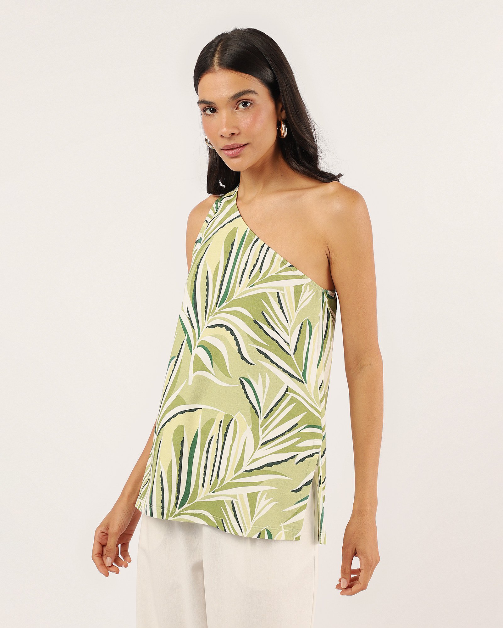 Regata feminina com viscose um ombro só folhagem - Verde