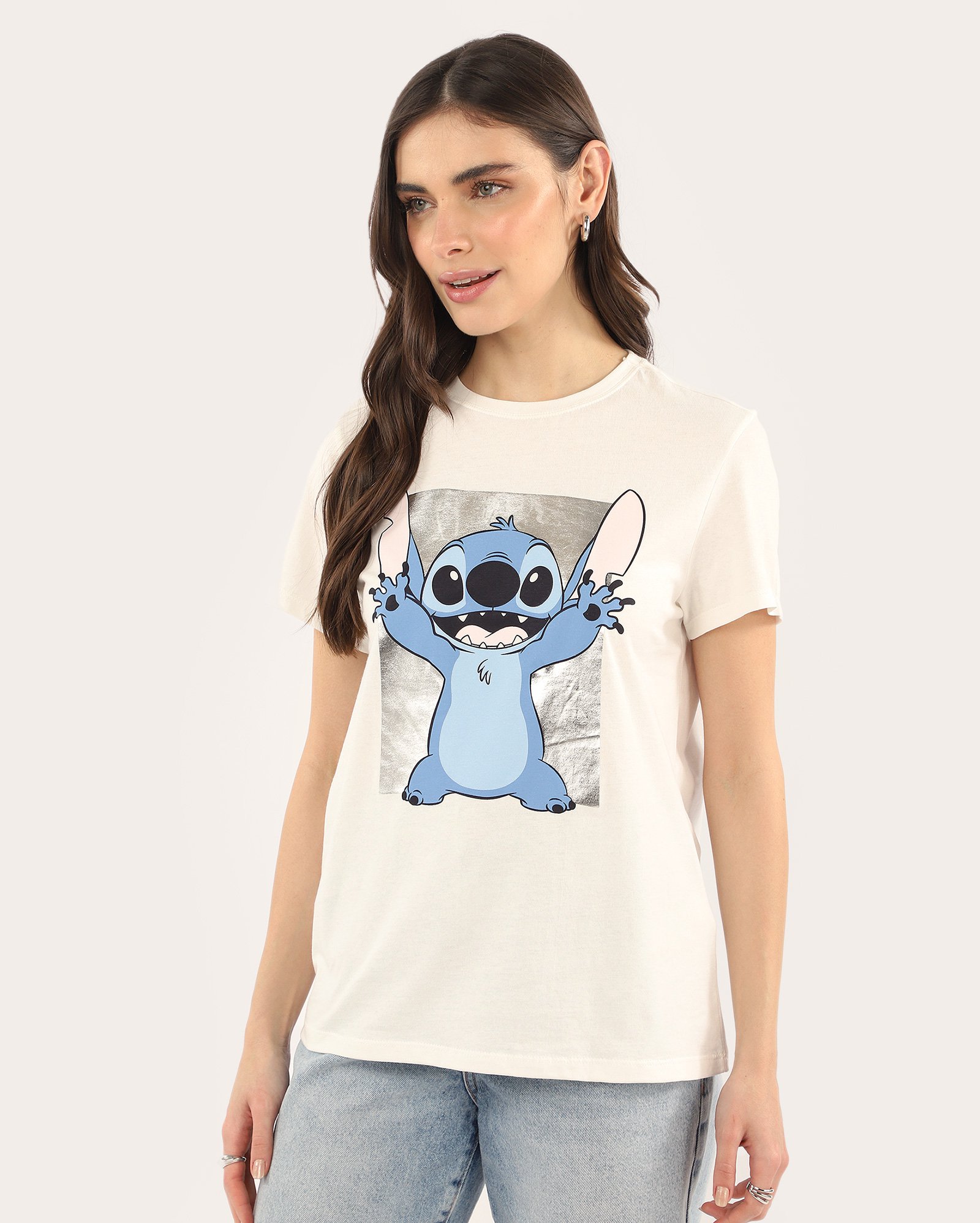 Camiseta feminina alongada Lilo e Stitch - off-white | Disney