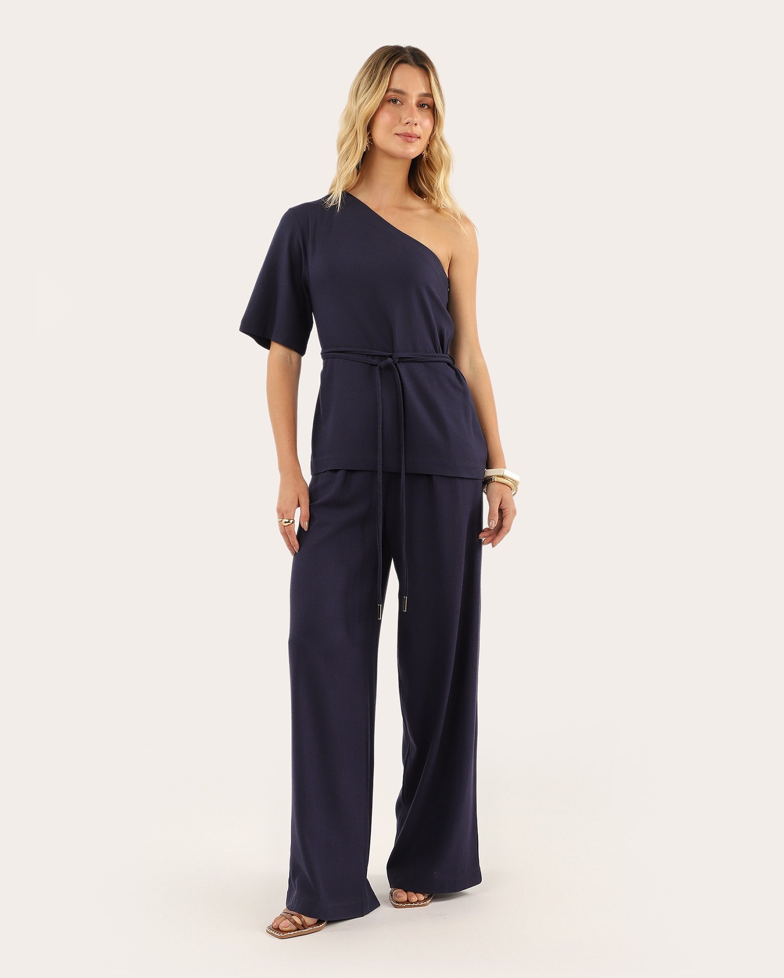 Blusa feminina ombro único em viscolinho com amarração - azul