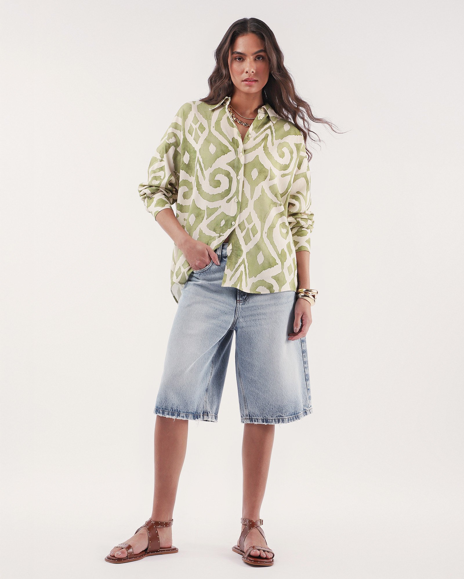 Camisa feminina estampada manga longa bege | AK
