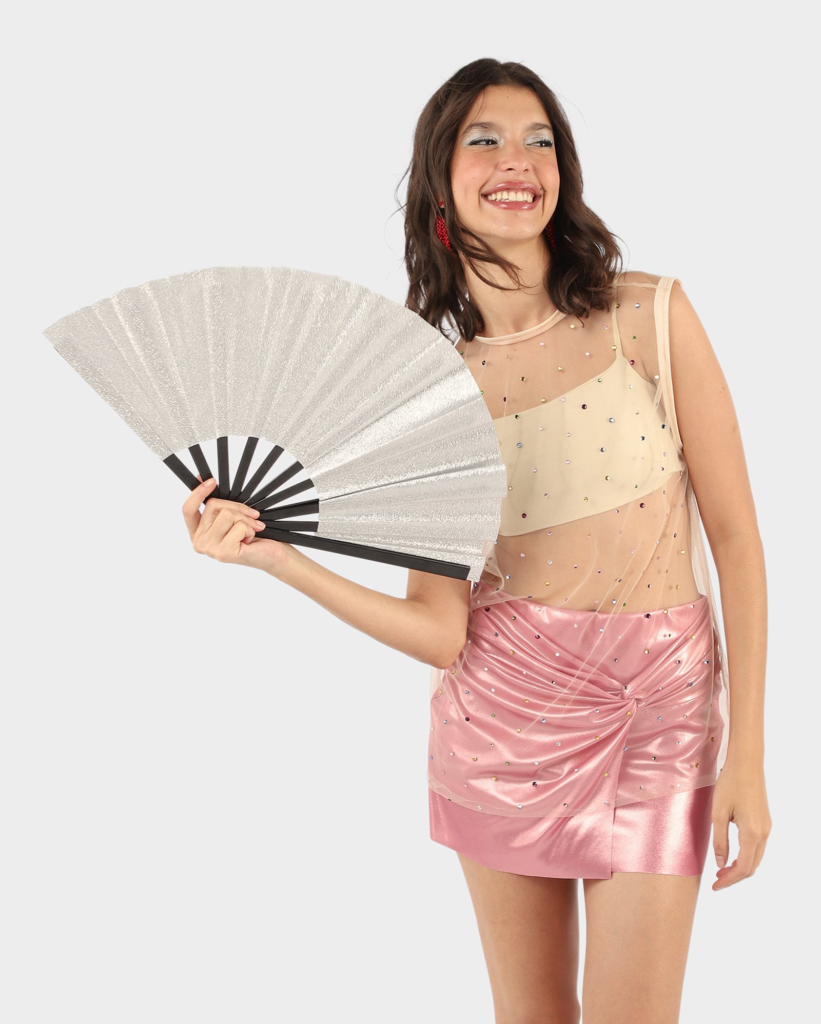 Blusa feminina de tule alongada com strass - bege