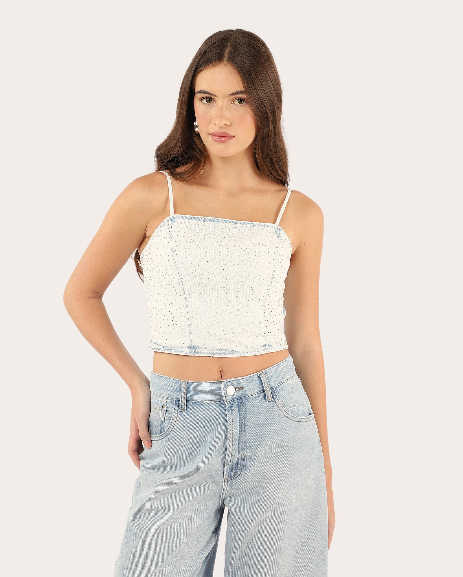 Regata jeans feminina com strass - denim claro | Pool Jeans