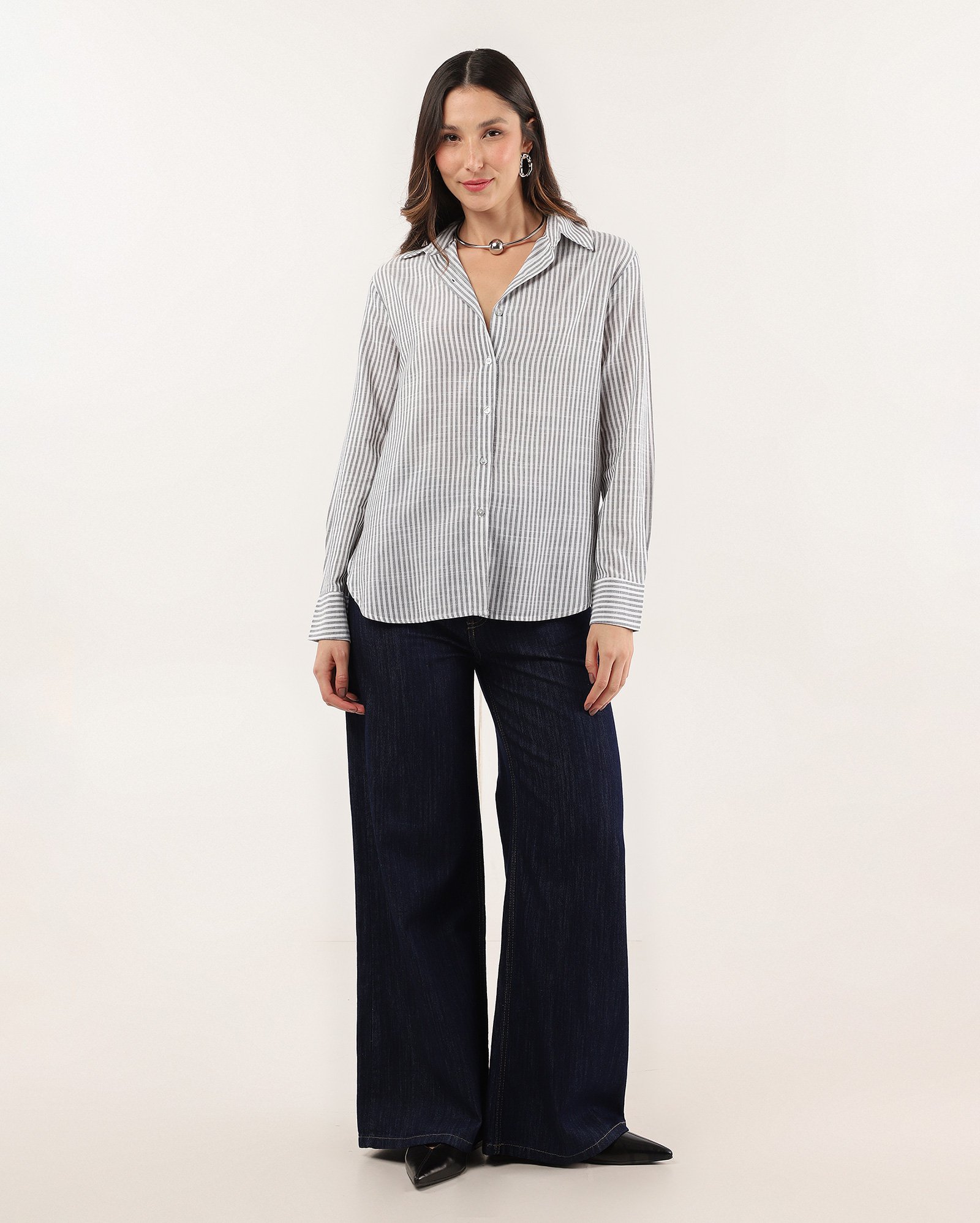 Camisa feminina Elis alongada com listras multicor