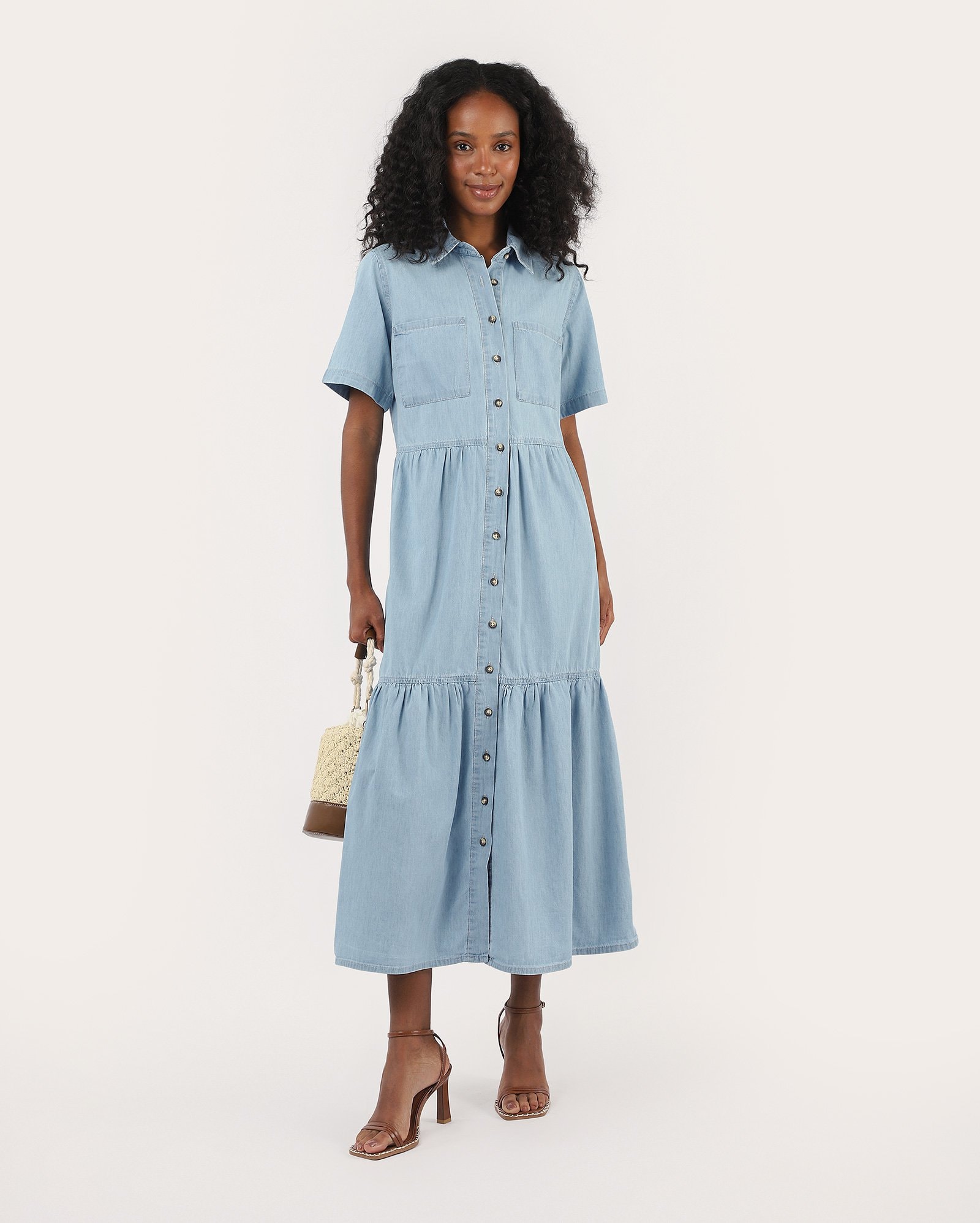 Chemise jeans midi com 2 bolsos - denim claro | Pool Jeans