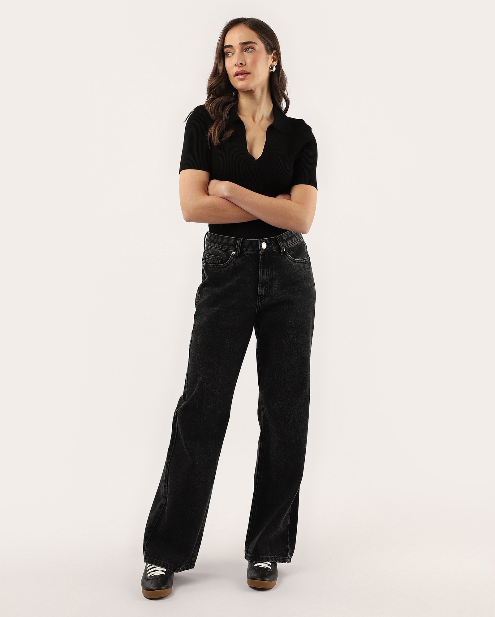 Calça jeans feminina wide slim cintura média - Sarja Black | Pool Jeans
